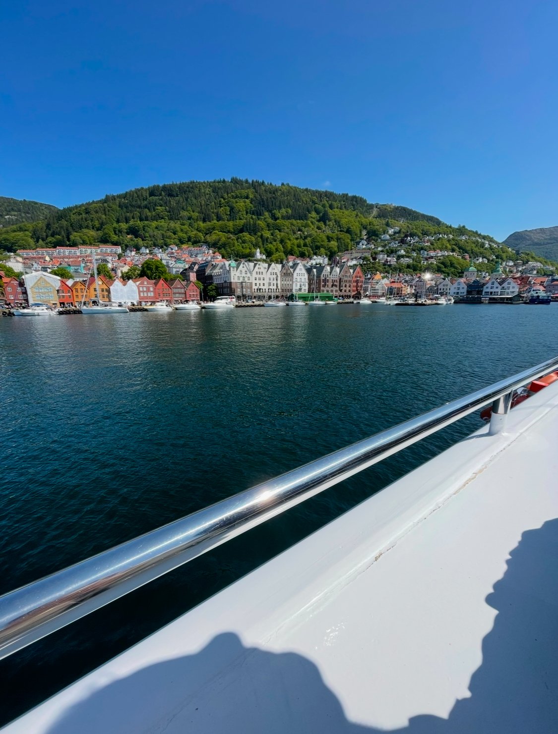 Colorful buildings along a waterfront with green hills in the background, taken from a boat on the water.