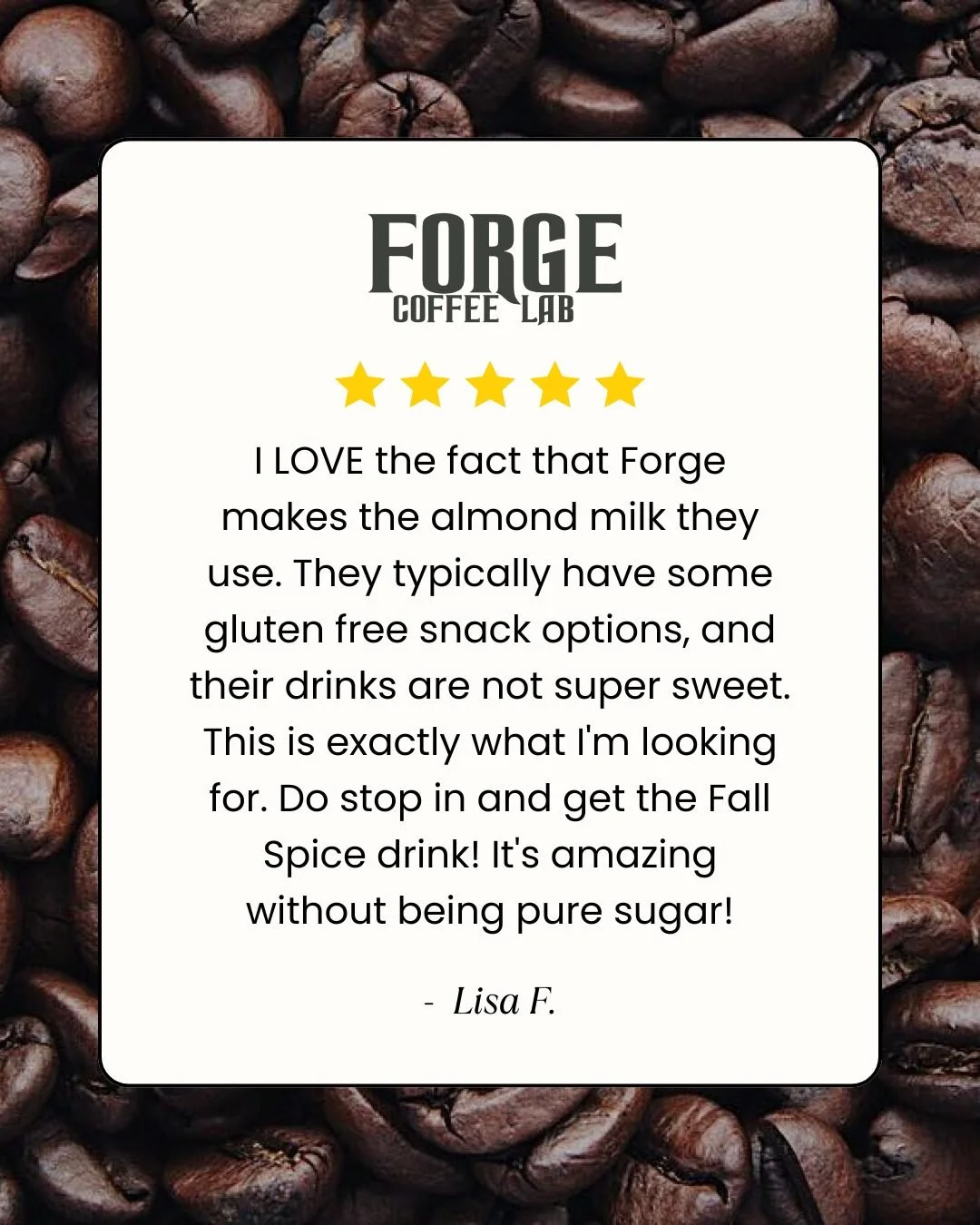 Thank you, Lisa!

Did you know all our syrups, our almond milk and our chai are made in house?
