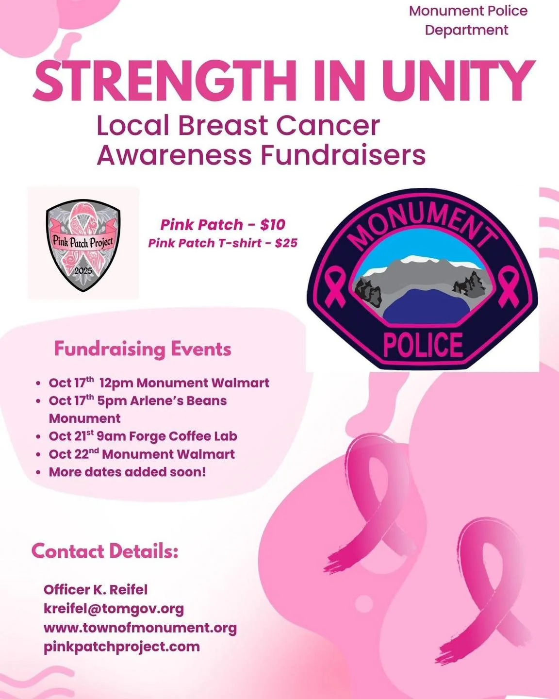 Strength in Unity Pink Patch Tour with the Monument Police Department is coming to Forge on Tuesday! 

The Monument Police Pink Patch Project is an initiative designed to raise awareness and funds for breast cancer research and support. This project 