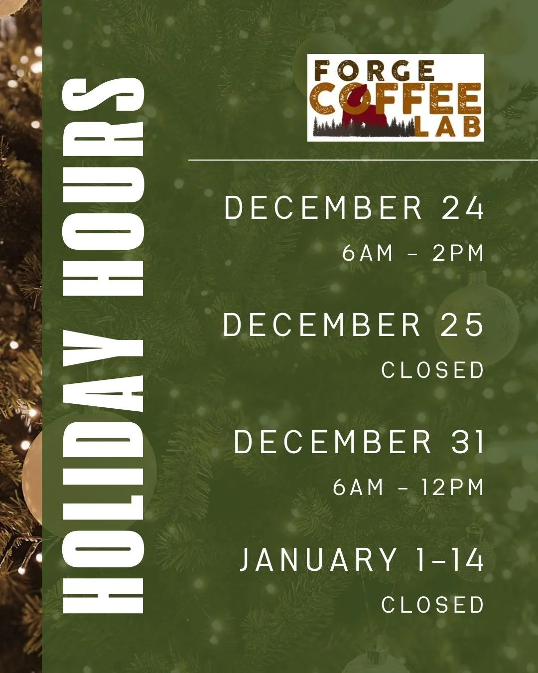 A reminder of our holiday hours

We will be closed for the first two weeks of January!

Come see us before we go!