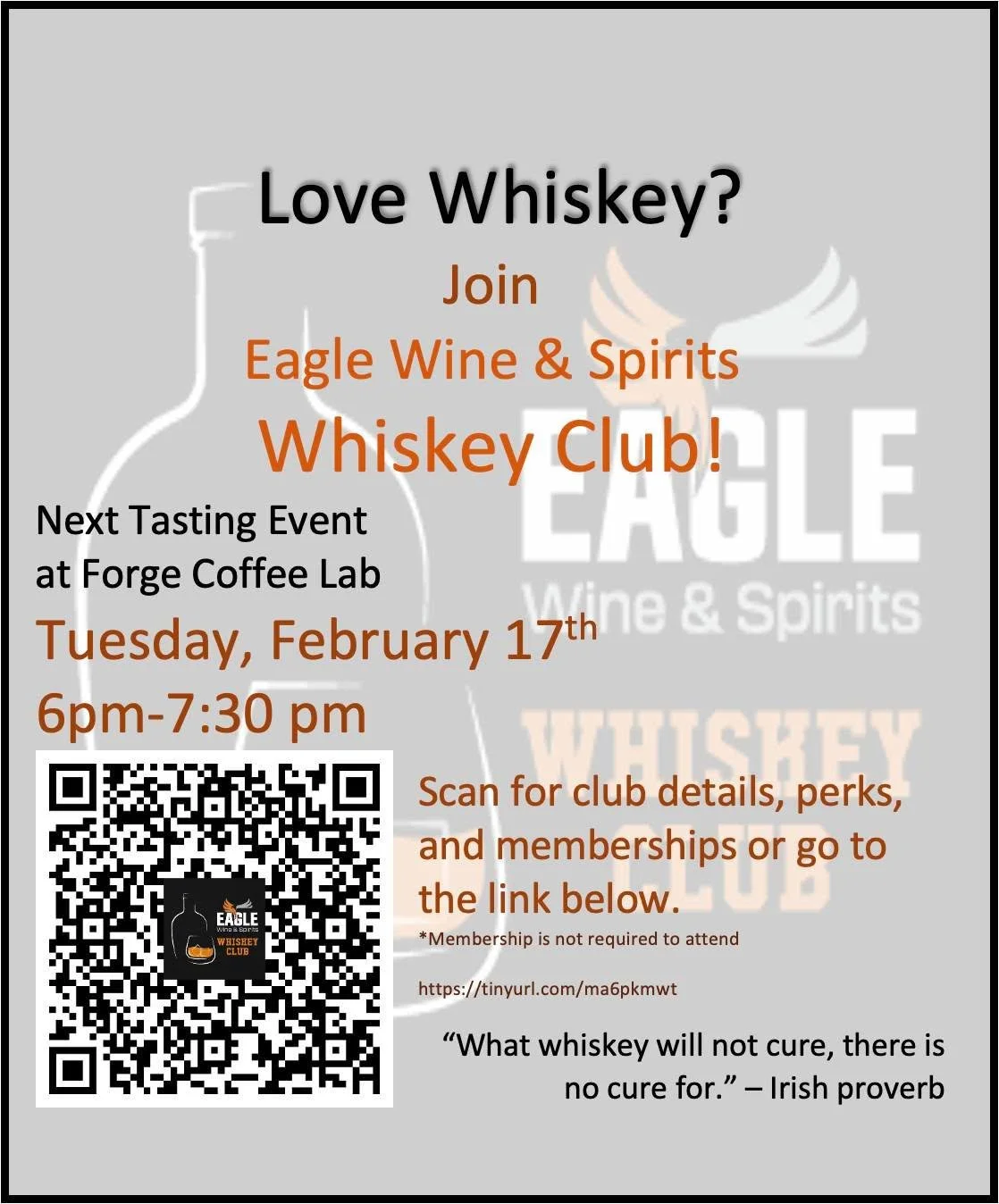 Whiskey lovers! 🥃

Join us Tuesday at 6pm for the next @eaglewineandspirits Wiskey Club tasting!

**membership is not required to attend