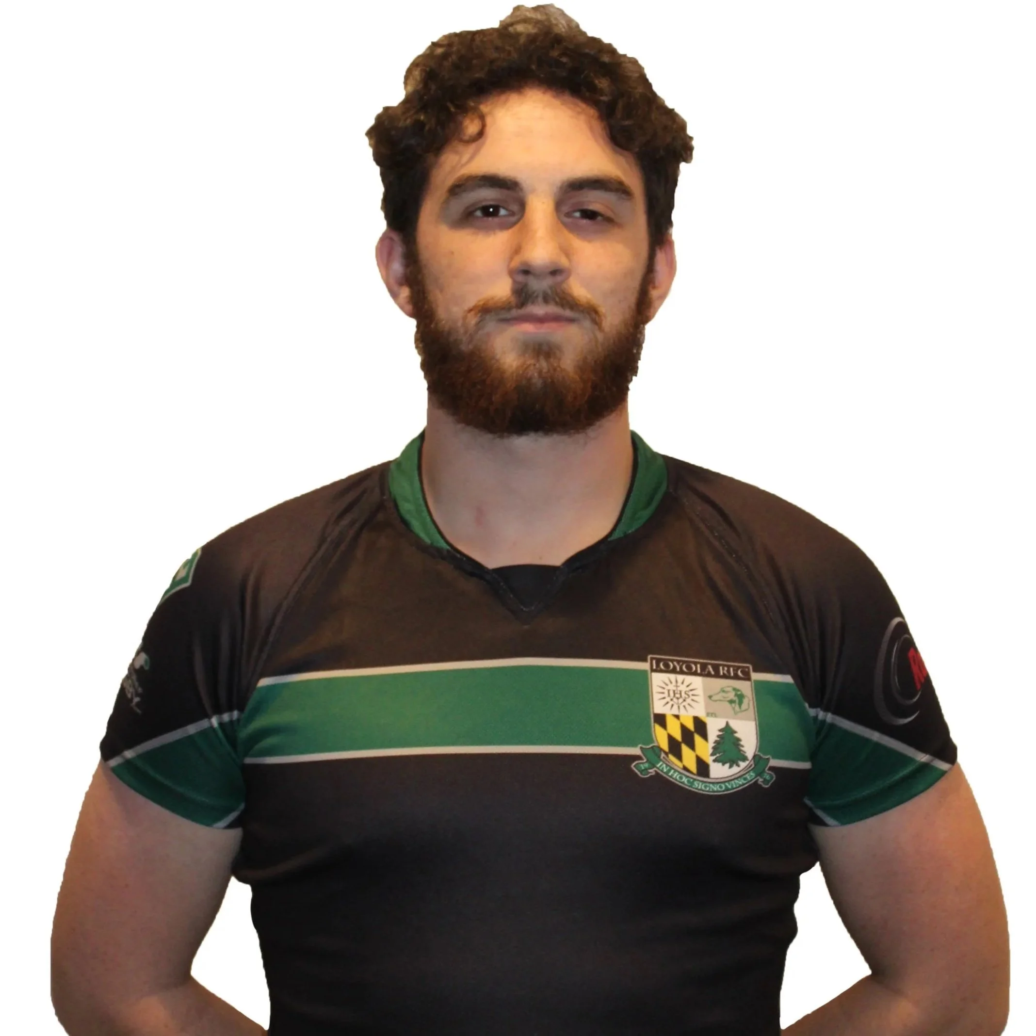 A person wearing a Loyola rugby shirt with arms crossed, facing forward in front of a plain background.
