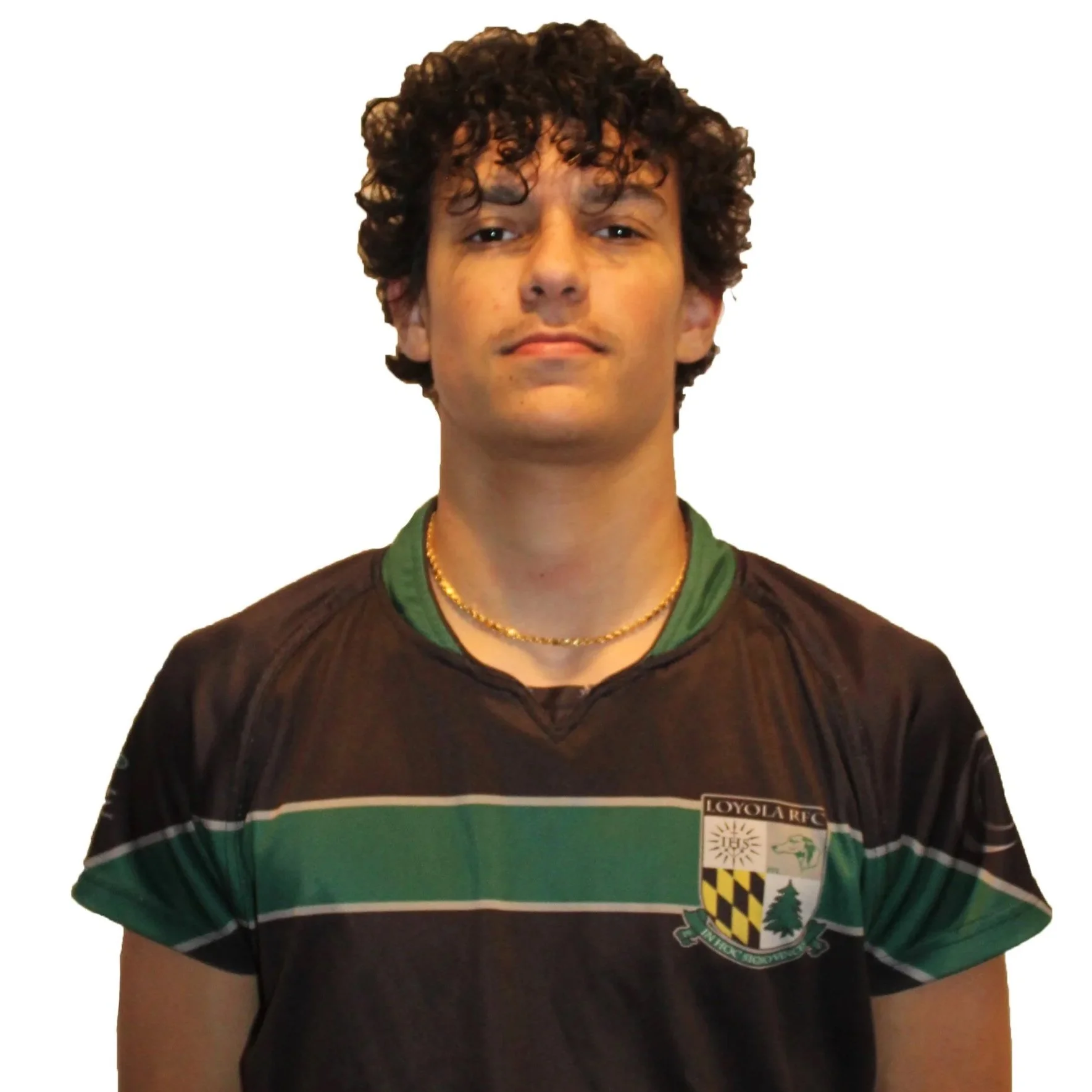 Person wearing a black and green rugby jersey with Loyola RFC crest, smiling against a plain background.
