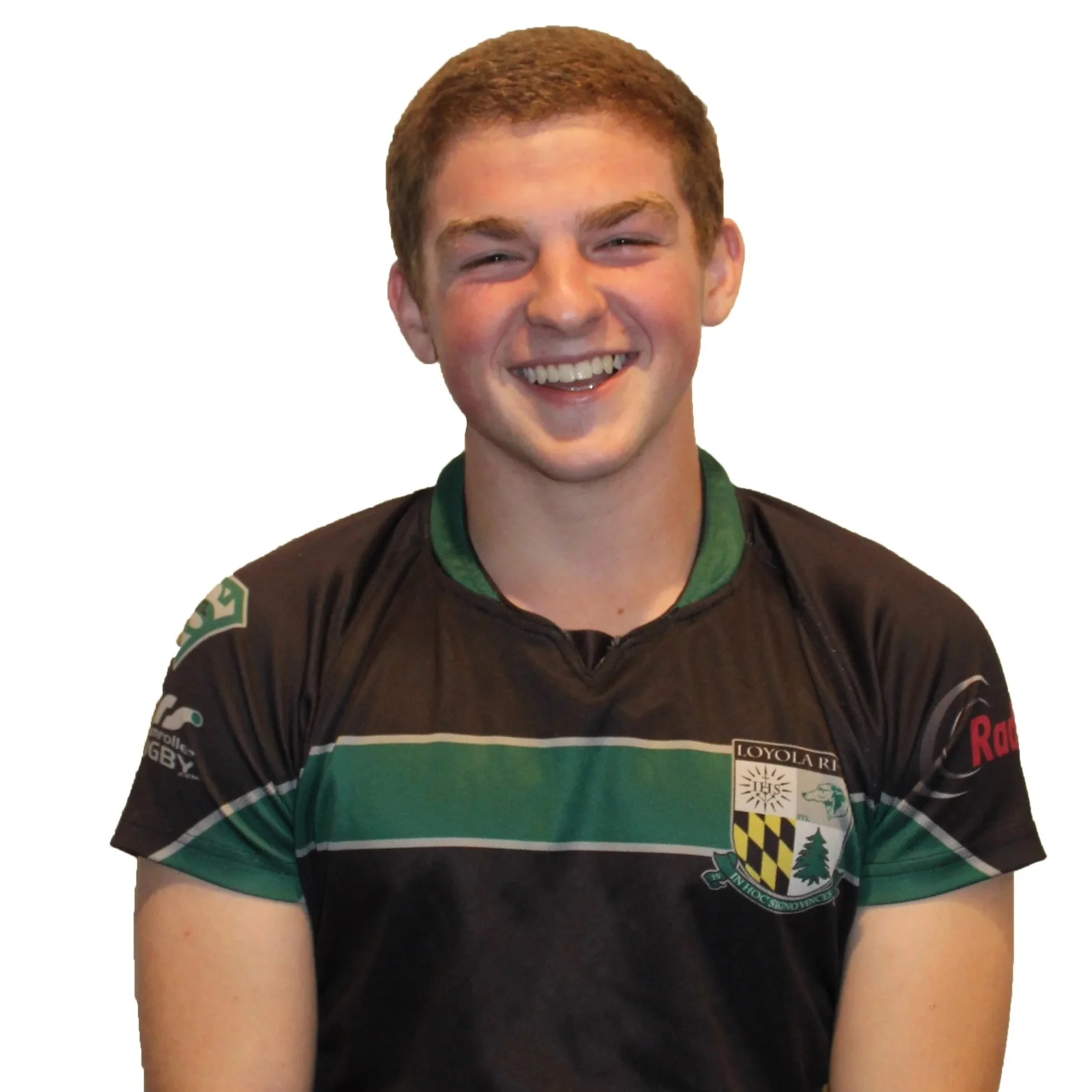 Person wearing a dark sports jersey with a Loyola RFC logo, standing against a plain background.