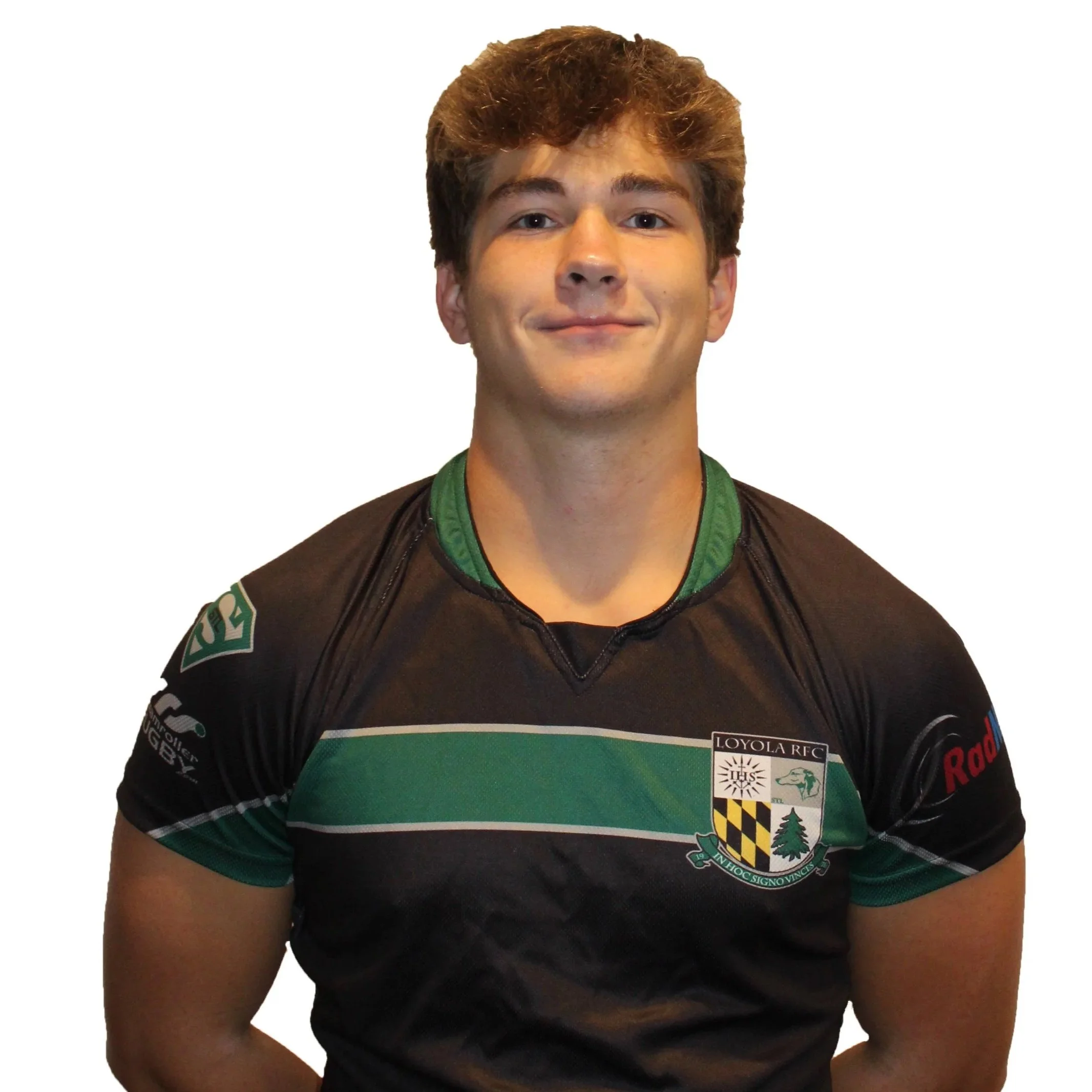 Person wearing a black and green sports jersey with a badge logo and "LOYOLA RFC" text.