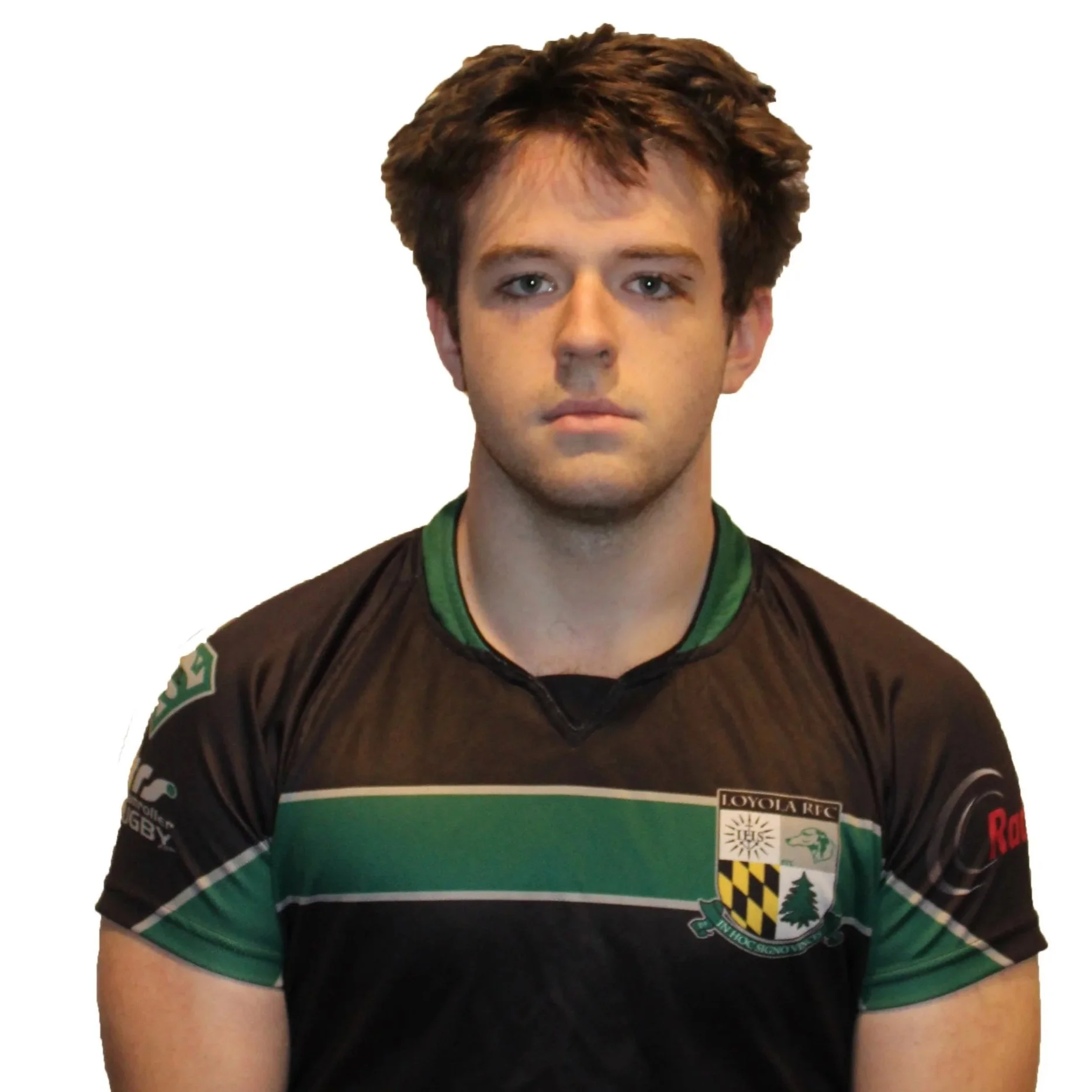 Man in a black and green rugby jersey with arms crossed