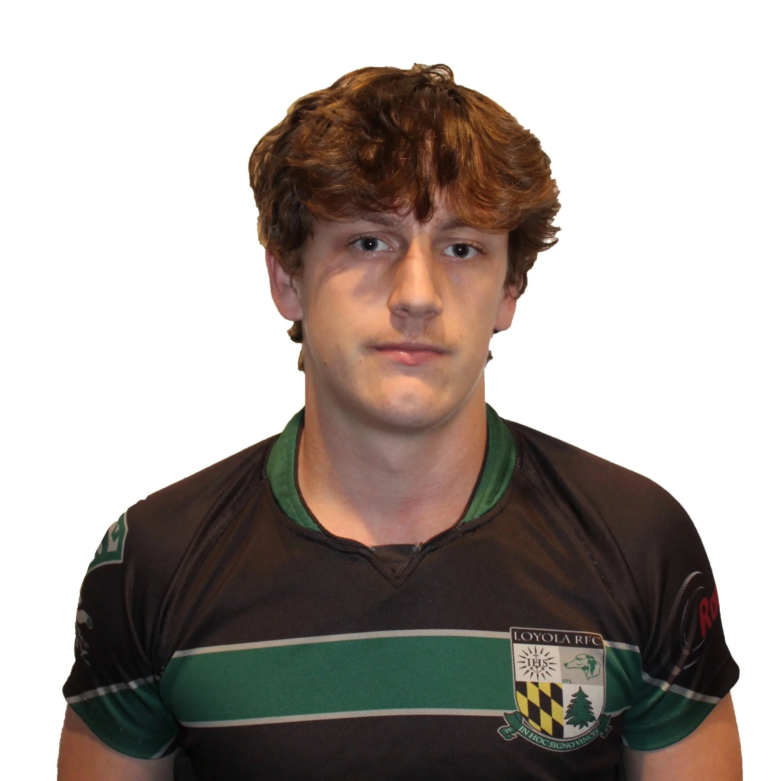 Young man in a rugby jersey posing for a portrait with a neutral expression.