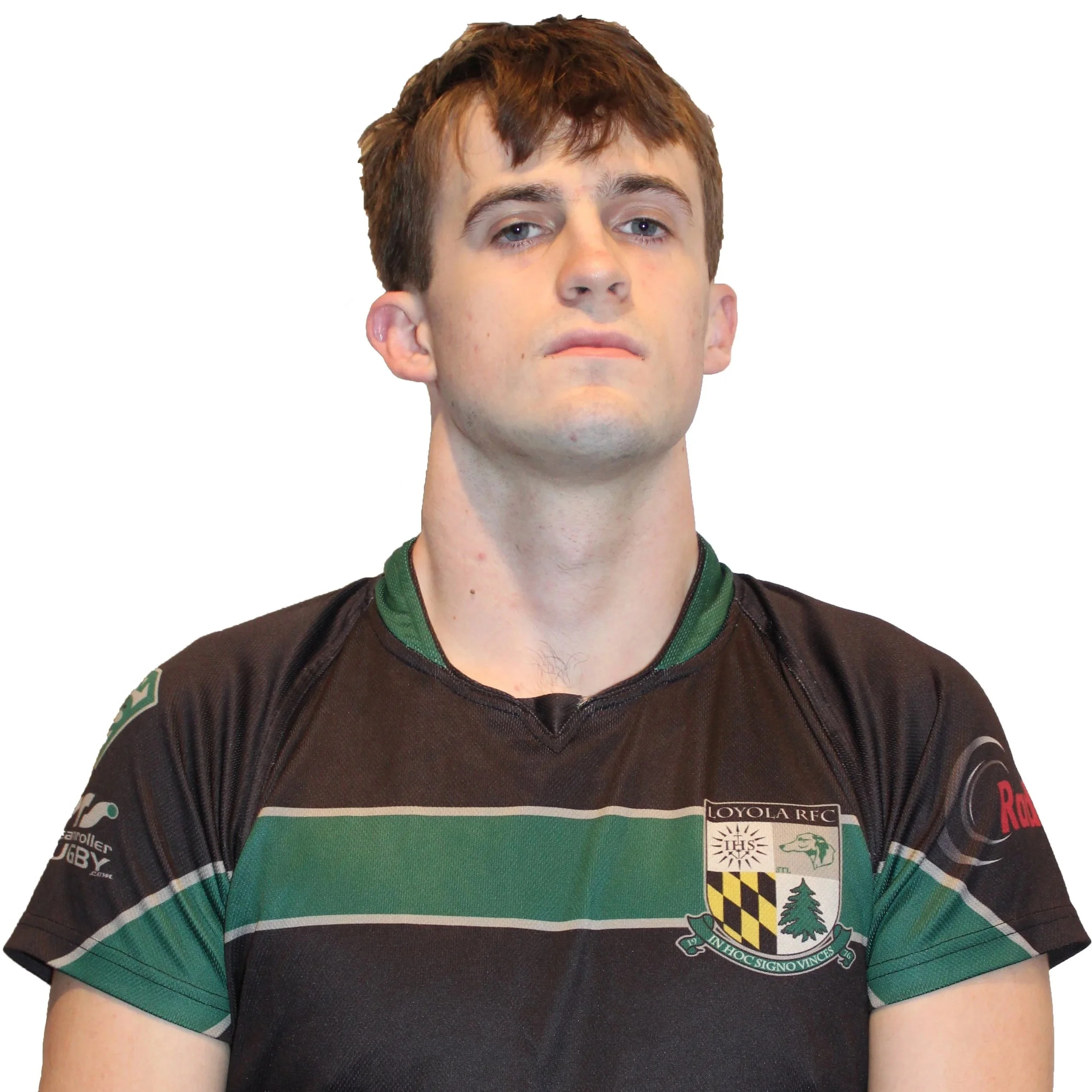 Person wearing a sports jersey with Loyola RFC logo, crossing arms, wearing a smartwatch.