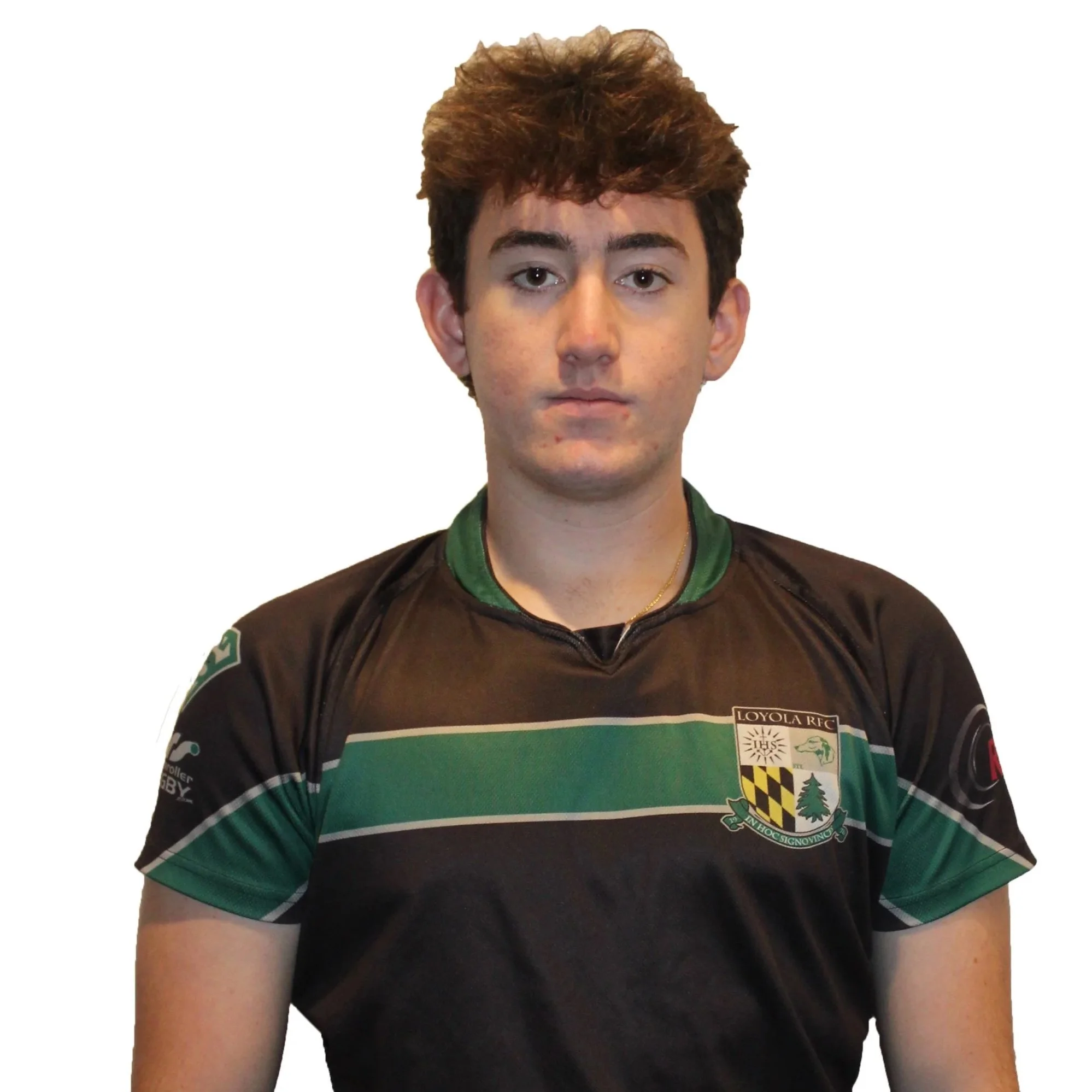 Young man in Loyola rugby shirt, standing against a plain background.