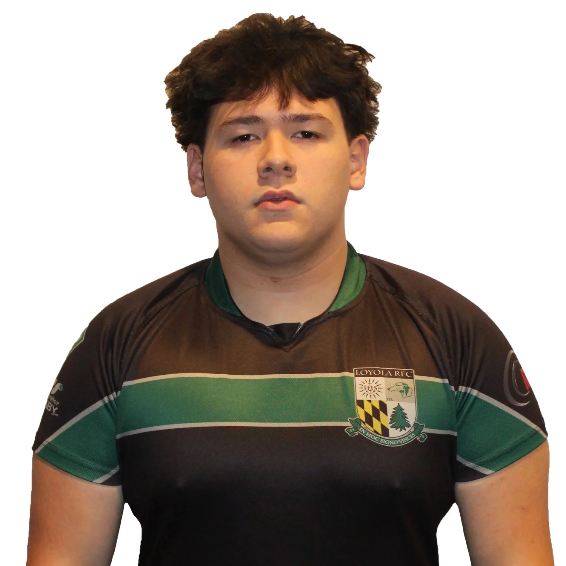Person wearing a rugby jersey with "Loyola RFC" logo.