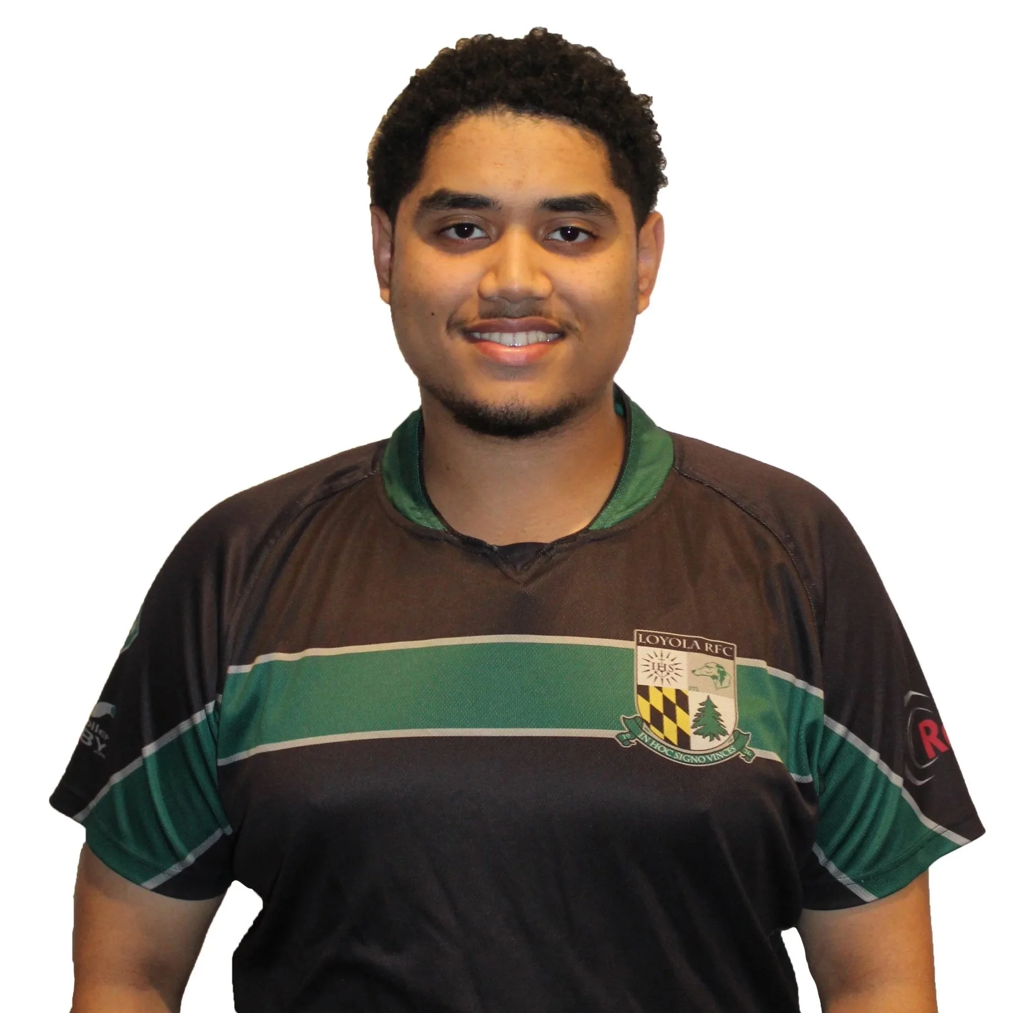 Person with a mustache wearing a black polo shirt with "LOYOLA RFC" logo.
