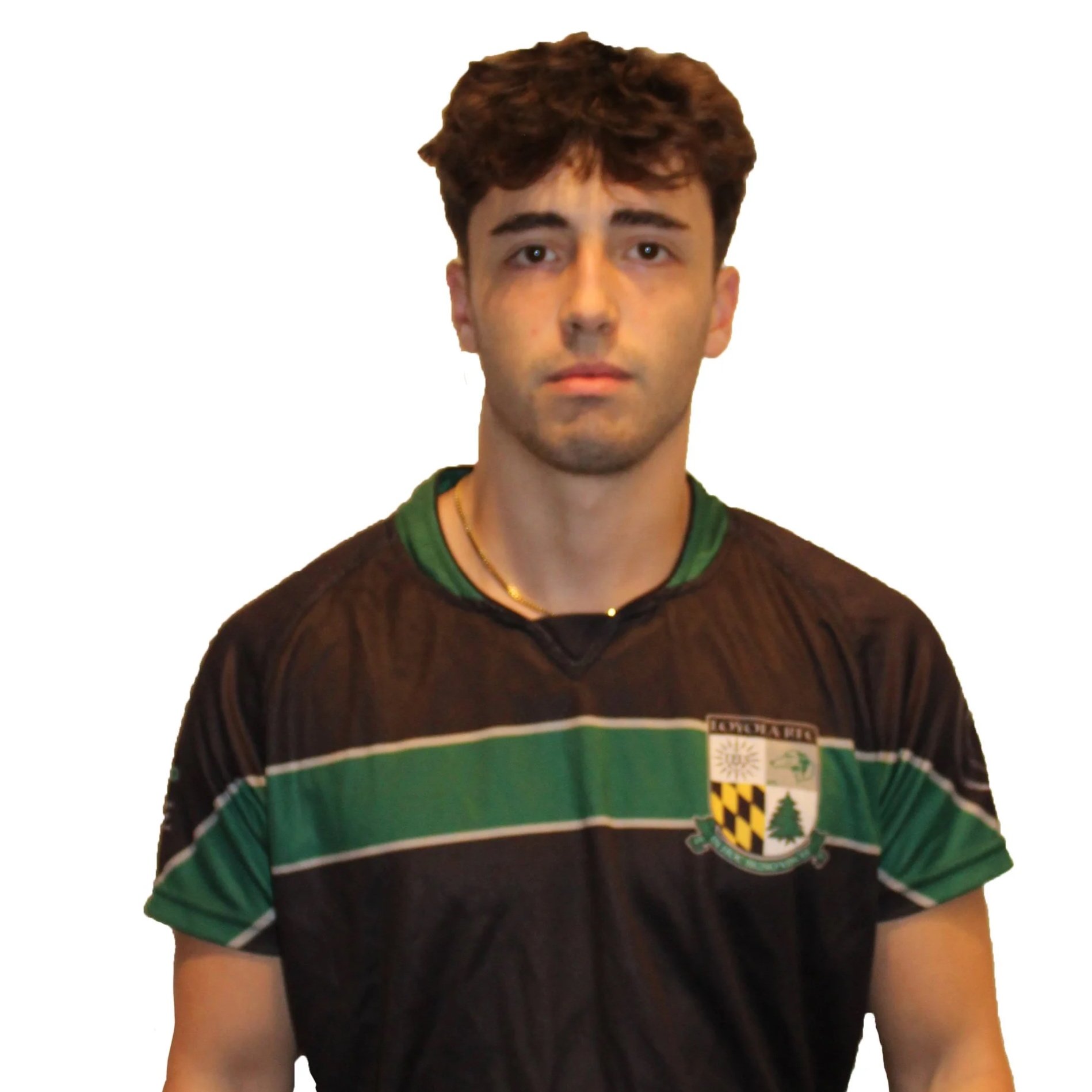 Portrait of a person wearing a rugby jersey with logos.