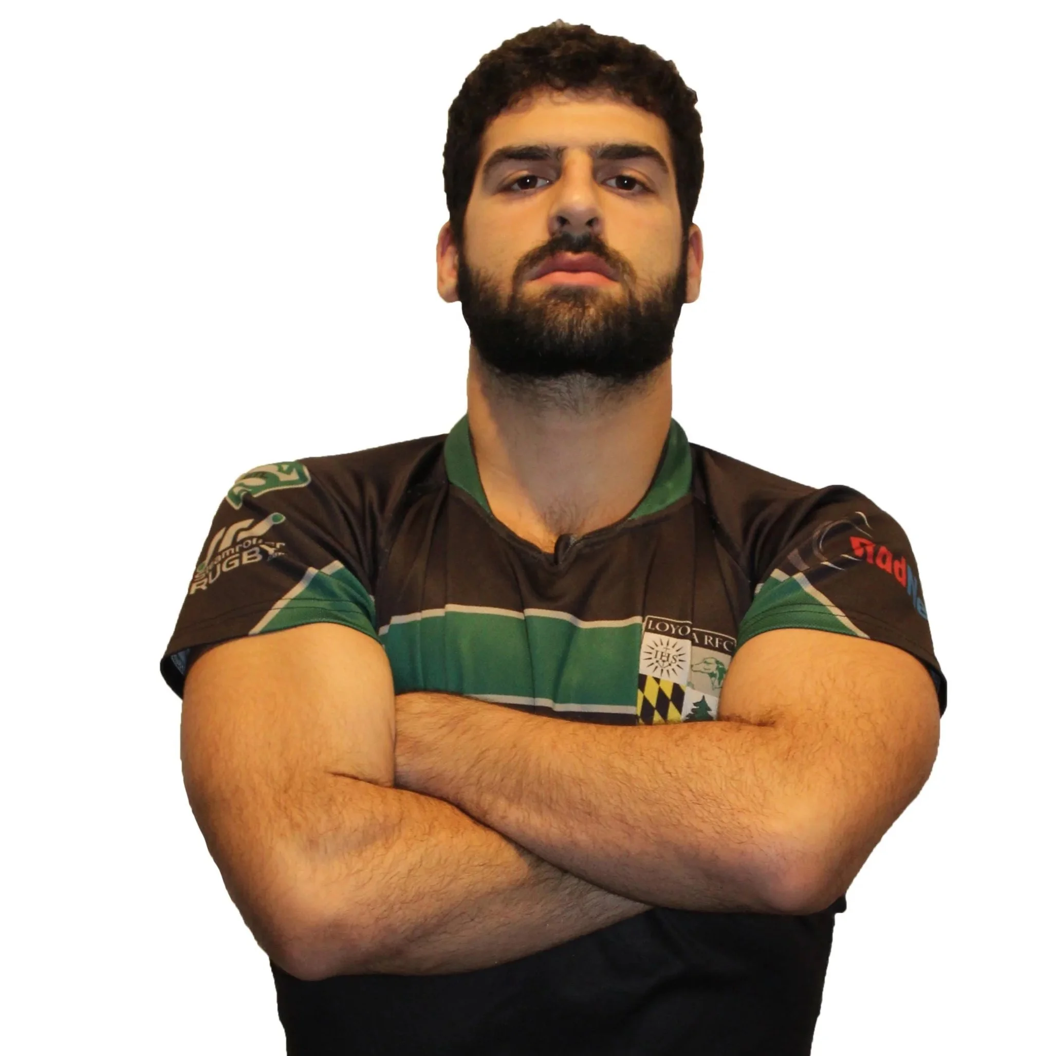 Person in a rugby jersey with crossed arms
