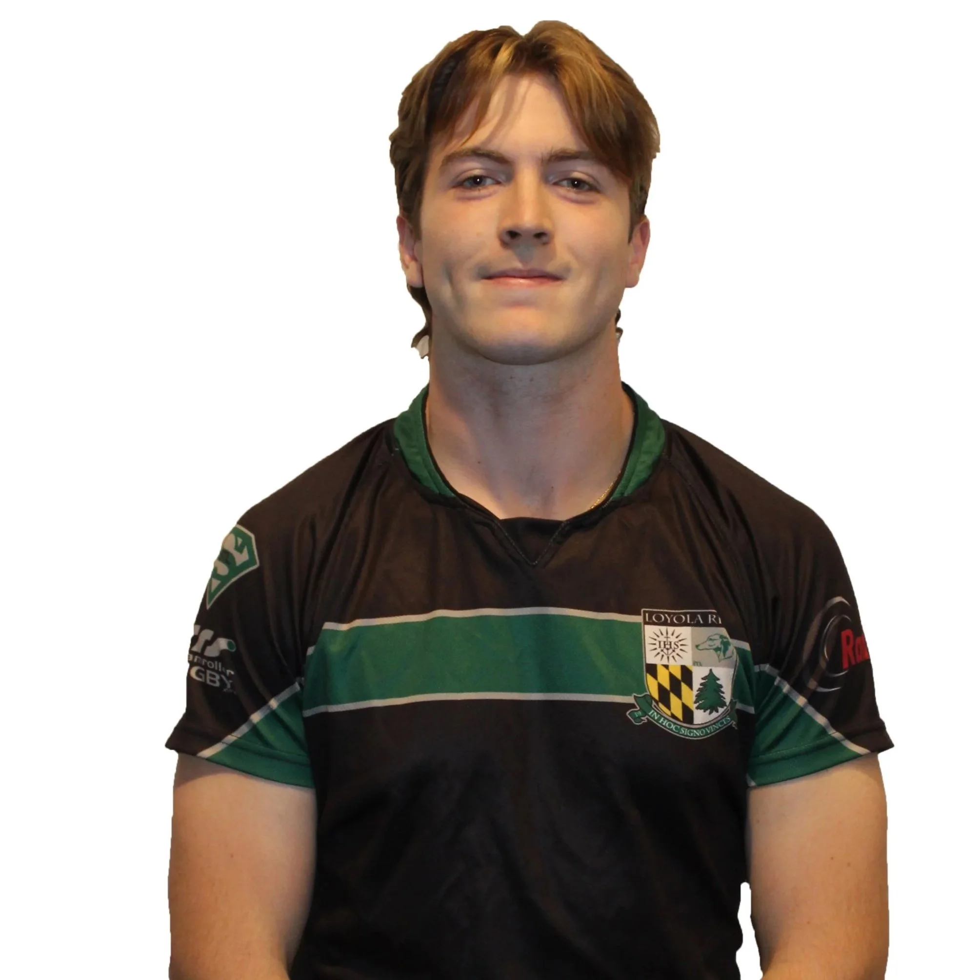 Young person in a rugby jersey with crossed arms against a neutral background.