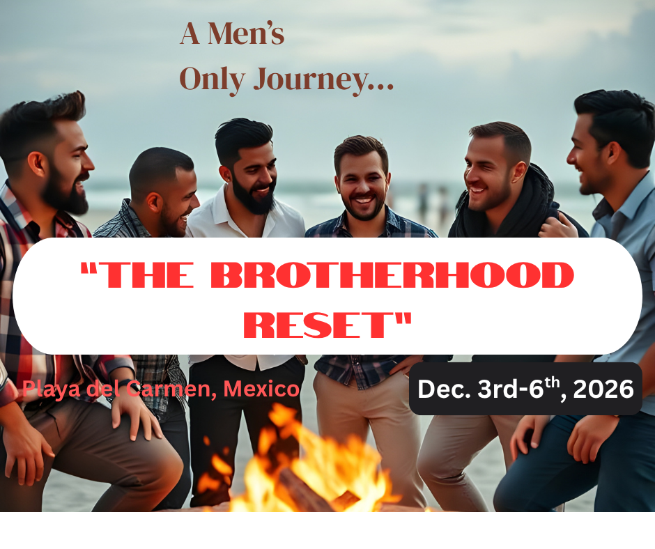 The "Brotherhood Reset." A group of six men standing around a campfire on the beach, smiling and talking, with an ocean and cloudy sky in the background, promoting a men's only retreat event in Playa del Carmen, Mexico from December 3rd to 6th, 2026.
