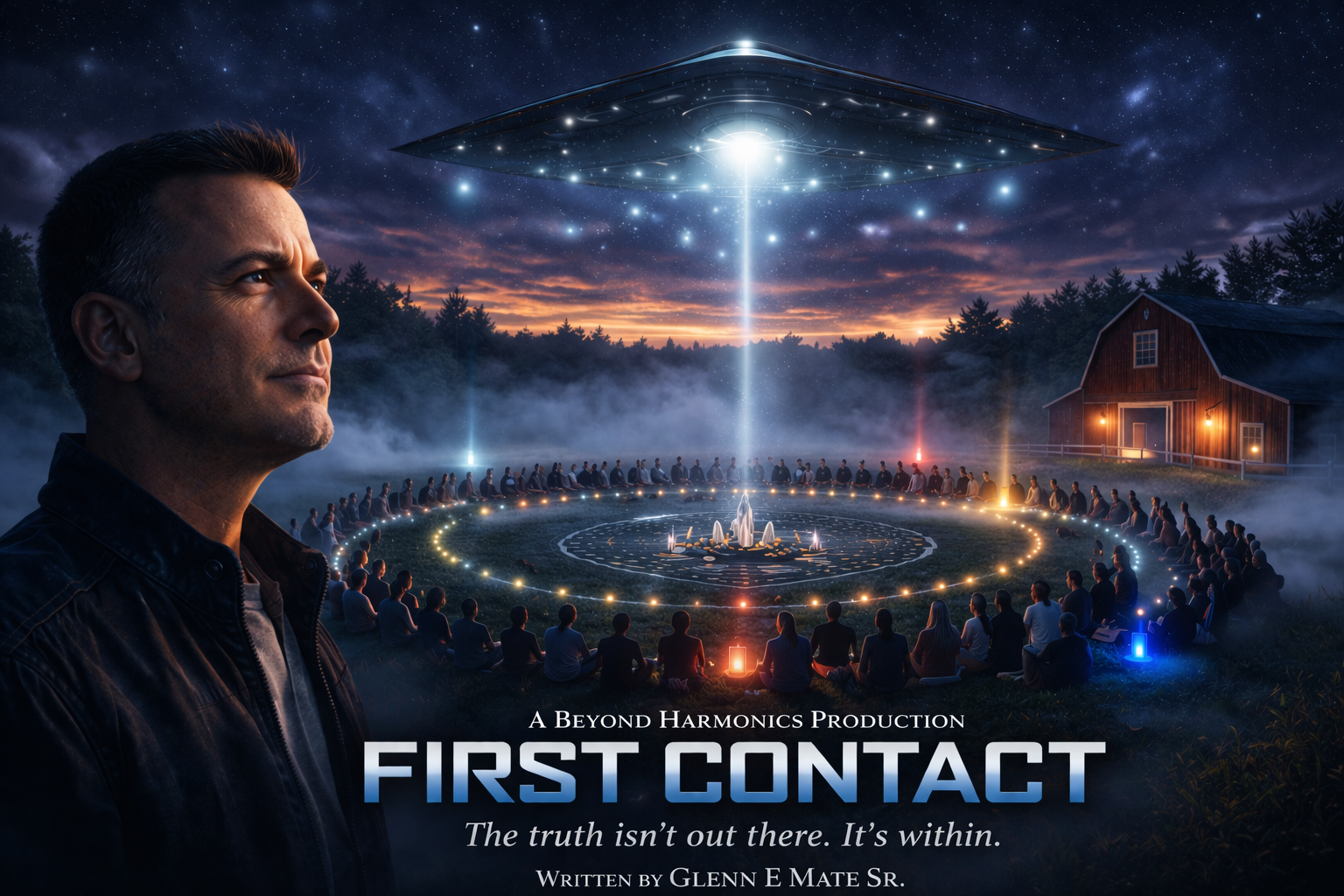 A promotional poster for a production titled 'First Contact' features a man with short brown hair and a leather jacket on the left, gazing upward. The background depicts a nighttime scene with an array of people sitting in a circle on the grass, around a central geometric pattern with glowing symbols, while a UFO hovers above, emitting a bright beam of light toward the ground. The scene is set in a rural area with a barn on the right, illuminated by warm lights, under a starry sky with clouds and mist.
