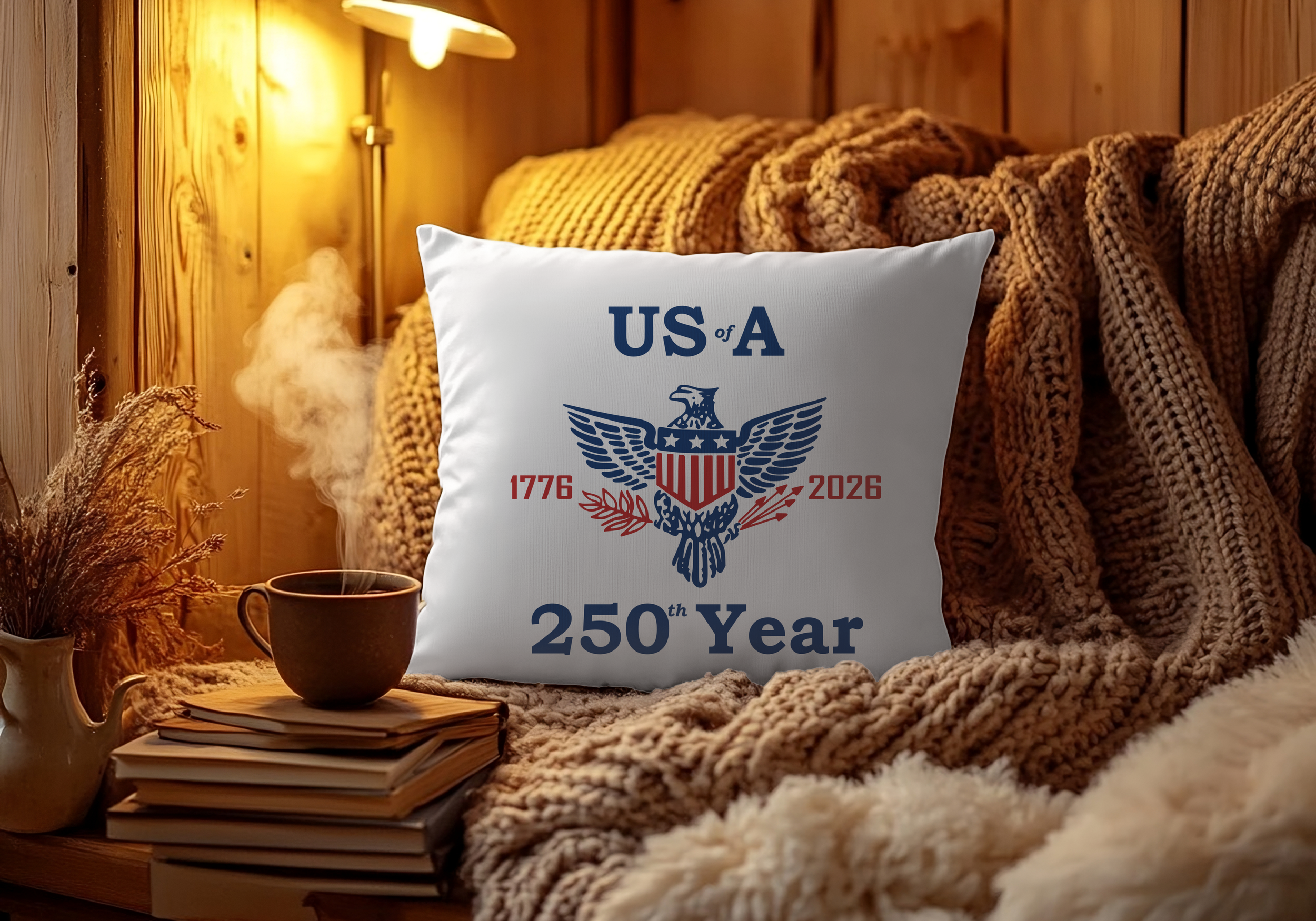 The USA 250th year pillow is shown sitting on a living room chair