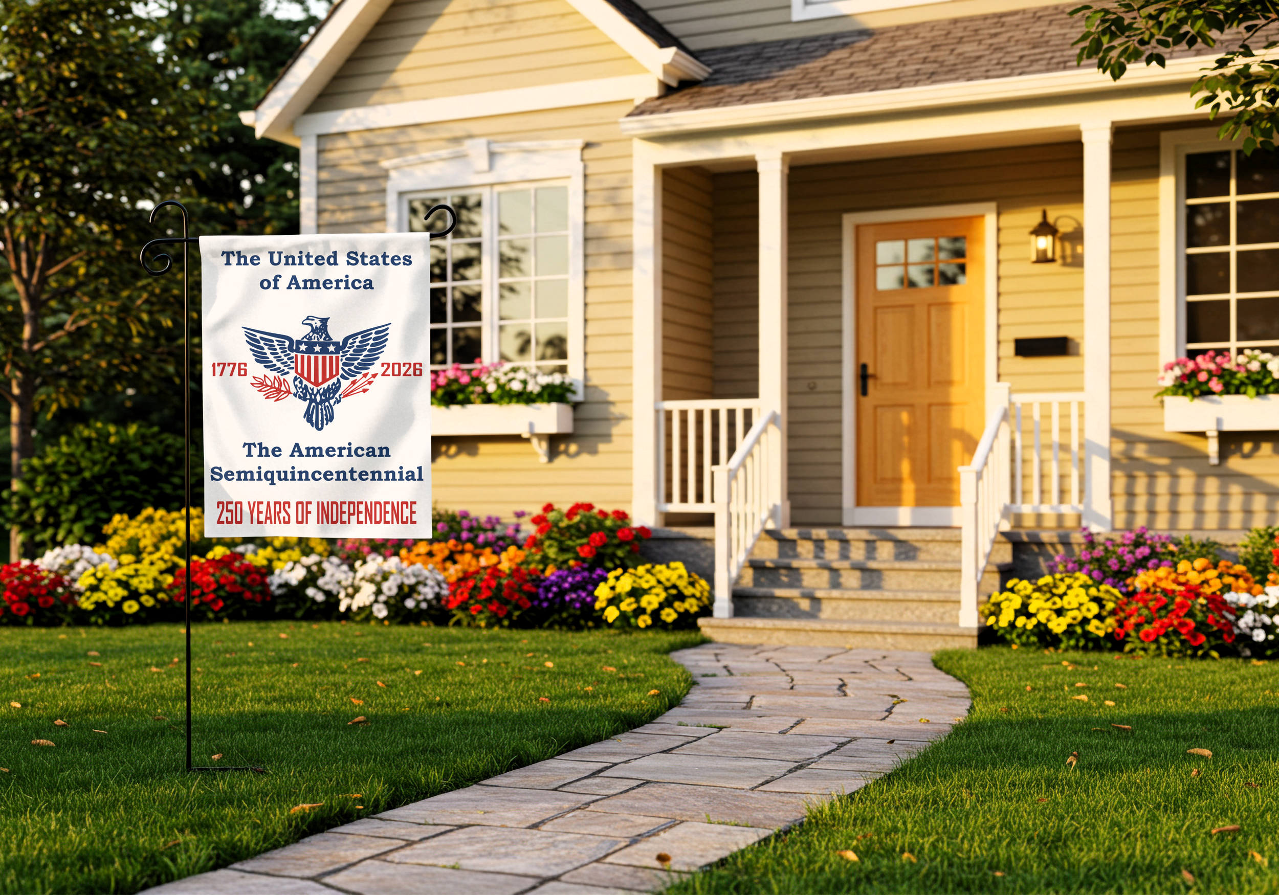 Showing a Semiquincentennial yard flag displayed in front of home with colorful flowers on the ground