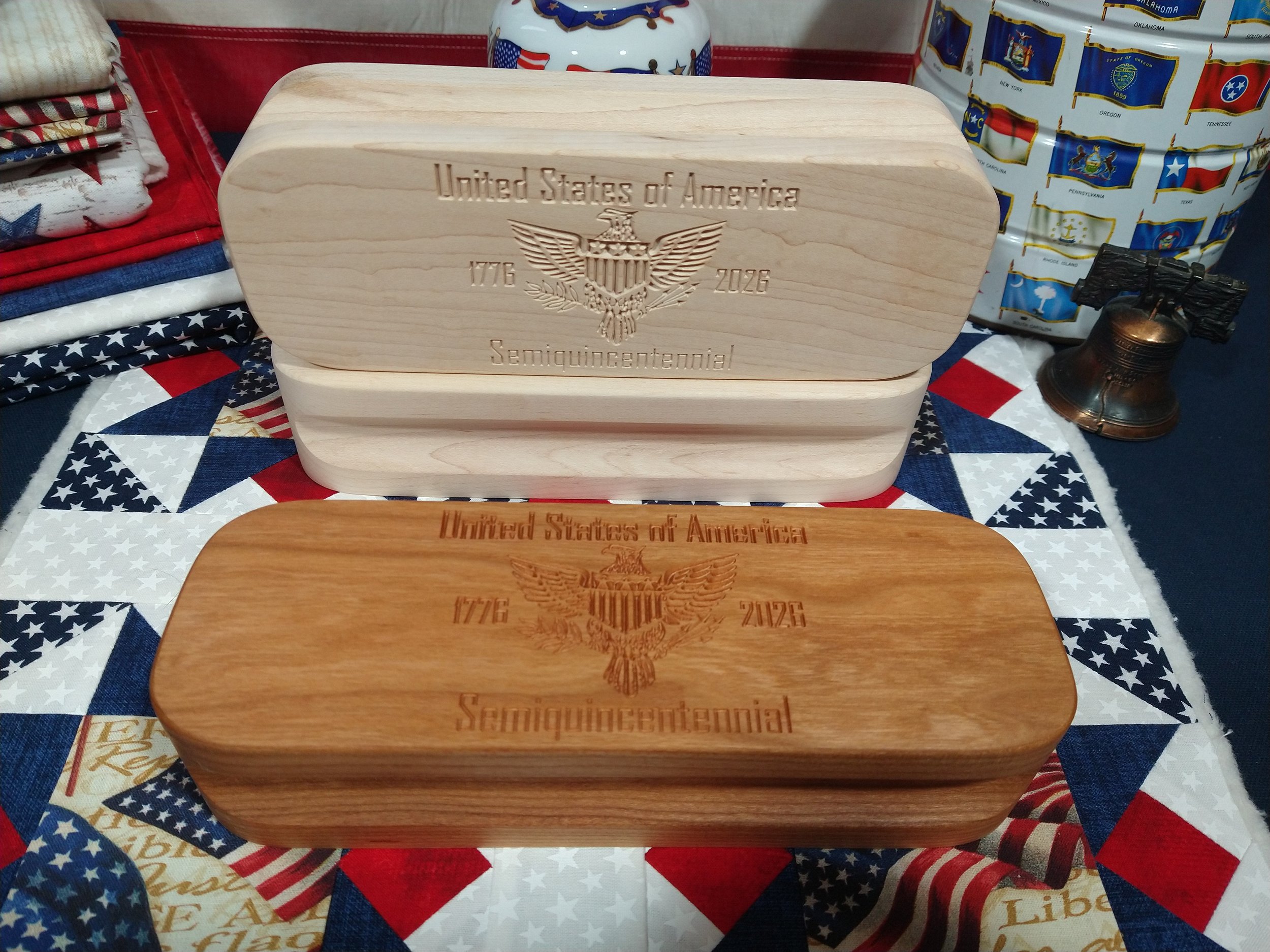 quilters clappers with the American Eagle wood carving for the American Semiquincentennial celebration