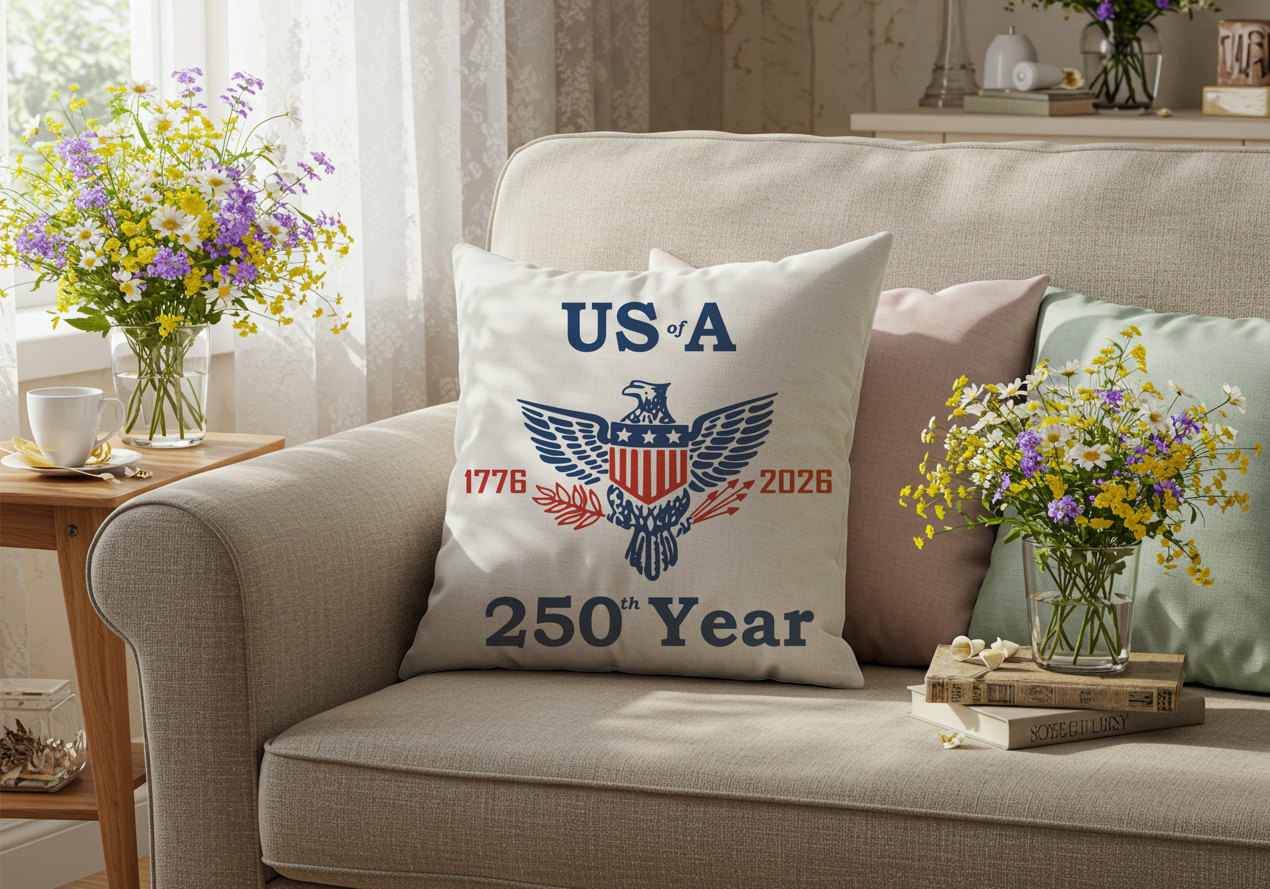 The USA 250th year pillow is shown sitting on an off white couch next to a window