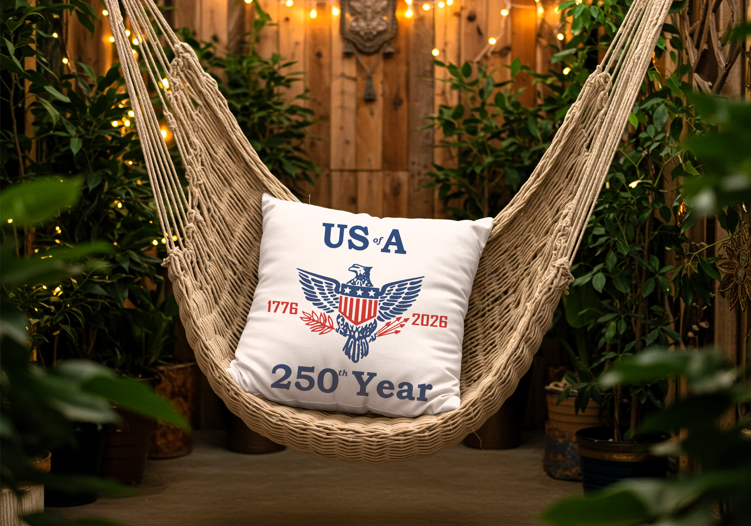 USA 250th Year outdoor pillow sitting on a hammock