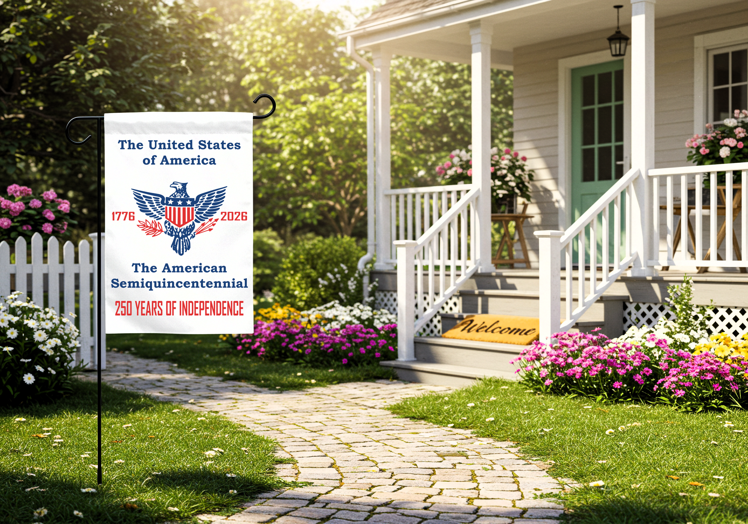Showing patriotic red, white, and blue colors with a American eagle on a garden flag