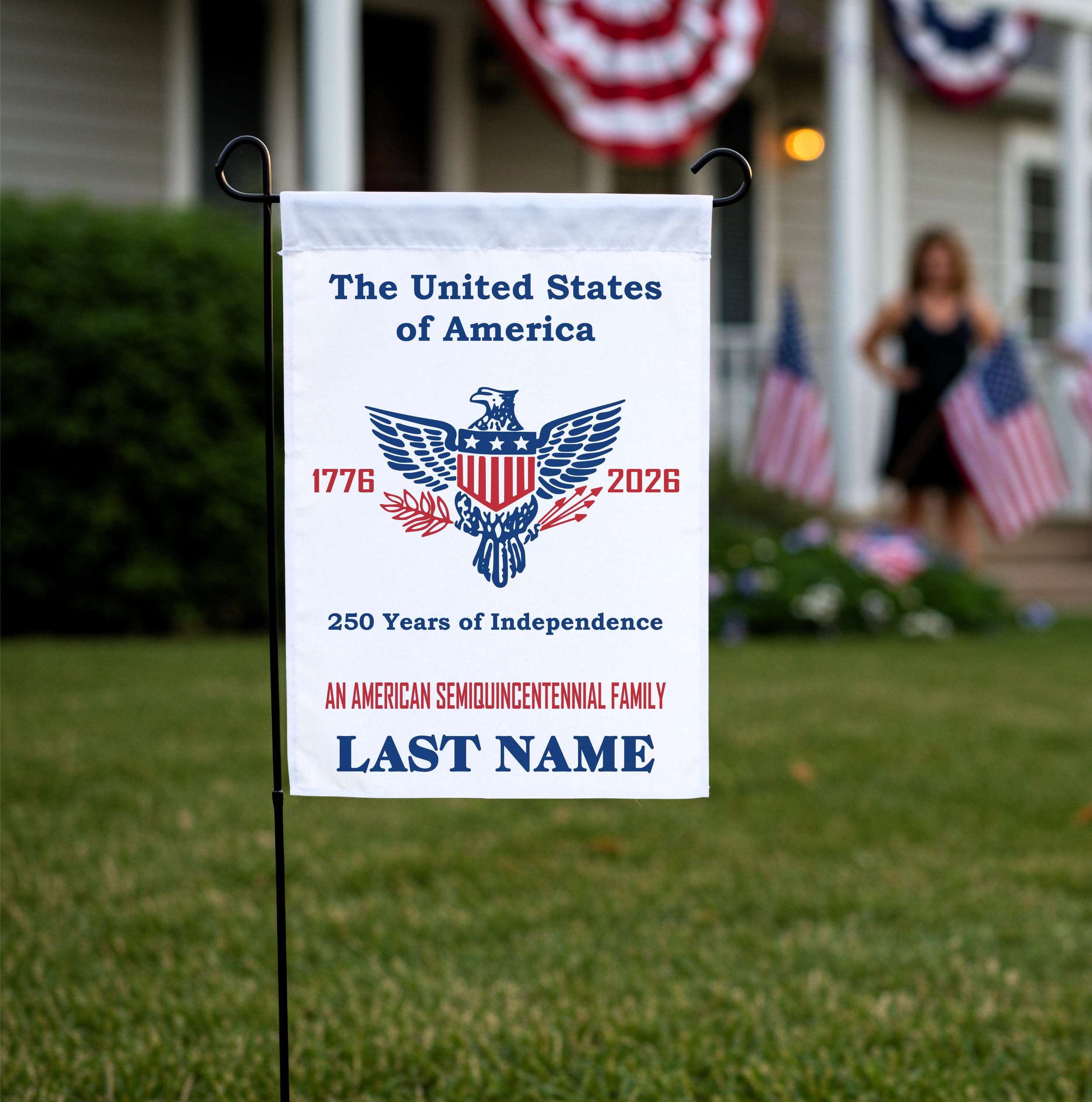 The American Semiquincentennial Family Personalized Garden Flag 12" x 18" in White, Americas 250th 1776 - 2026