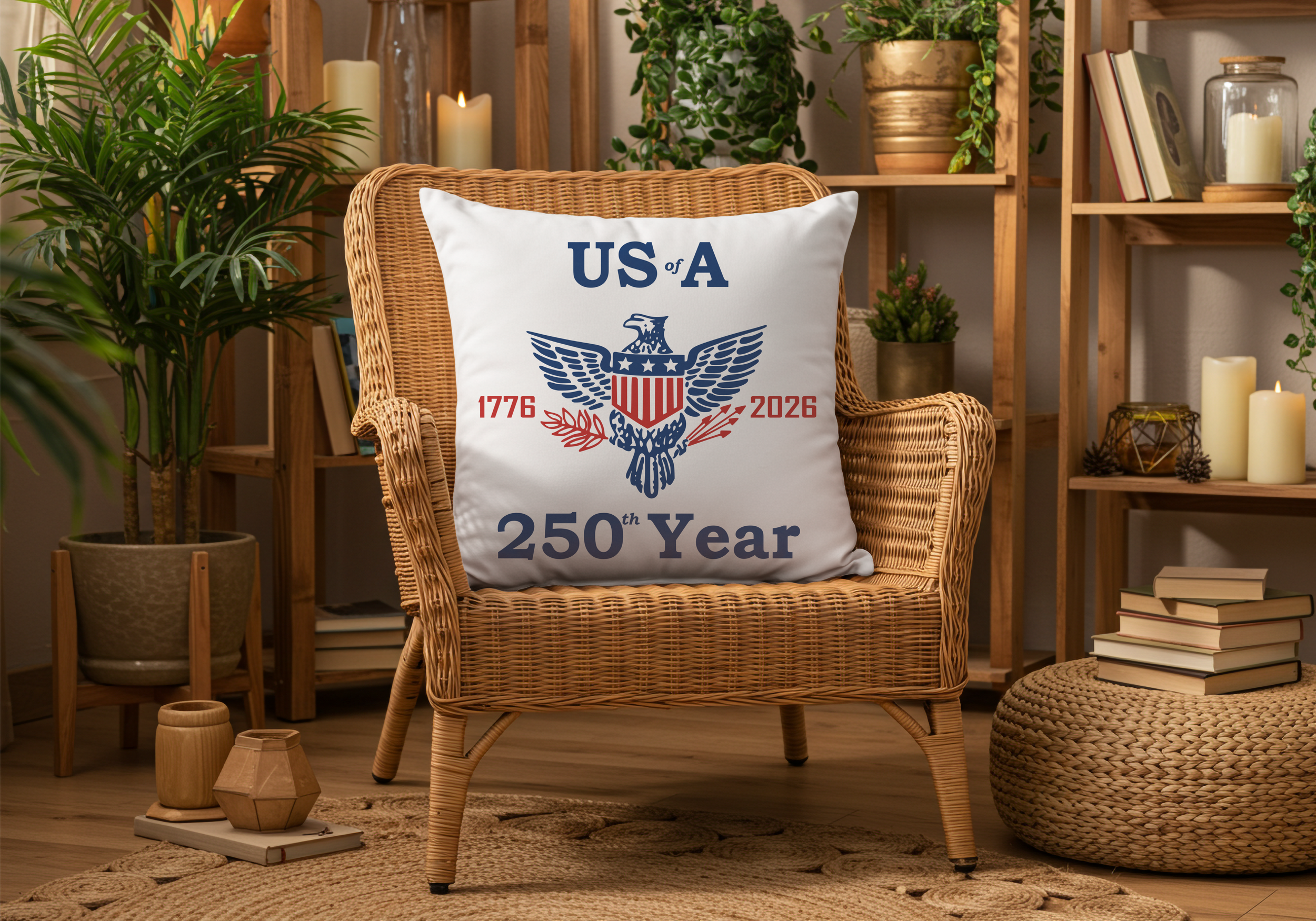 The USA 250th year pillow is shown sitting on a brown wicker chair