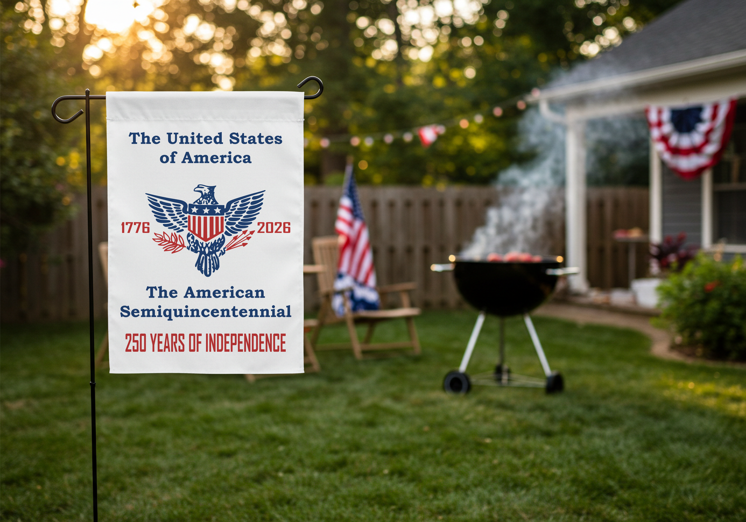 1776-2026 yard flag on display at a 4th of July picnic