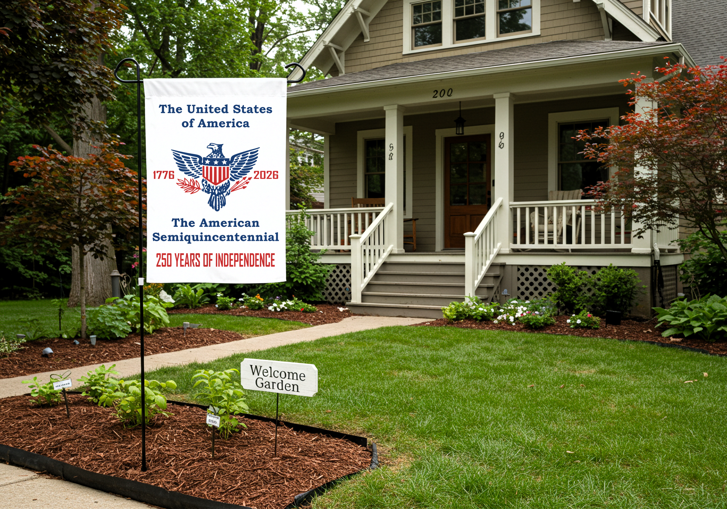 Americas 250th yard sign displayed in a front yard with a house in the background