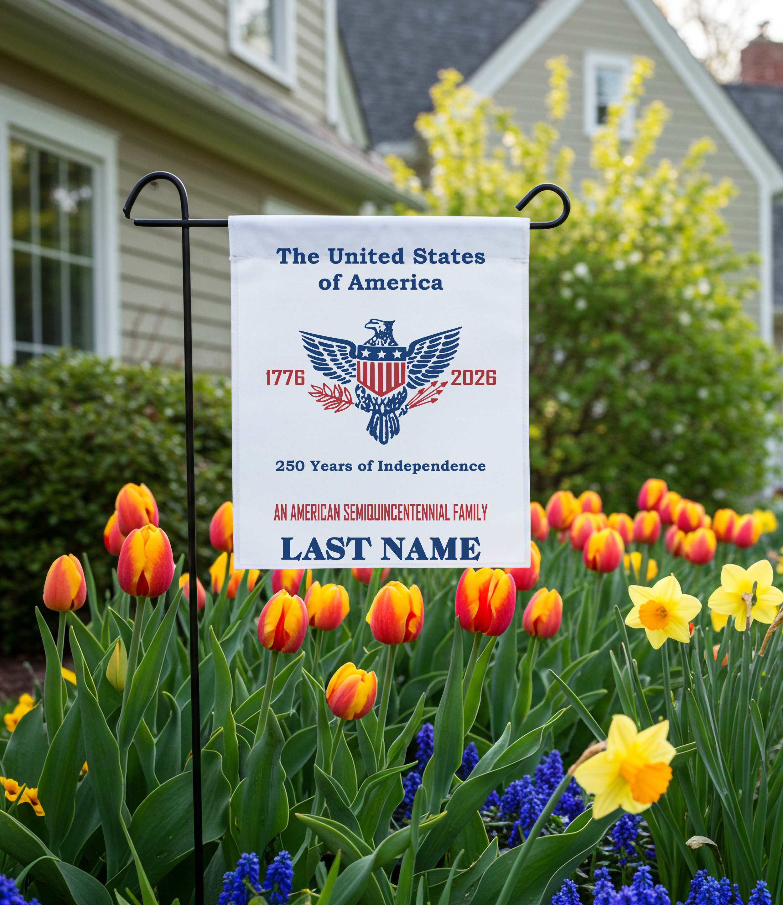 An American Semiquincentennial Family and a place to have last name Personalization added. the American eagle is retro vintage style.