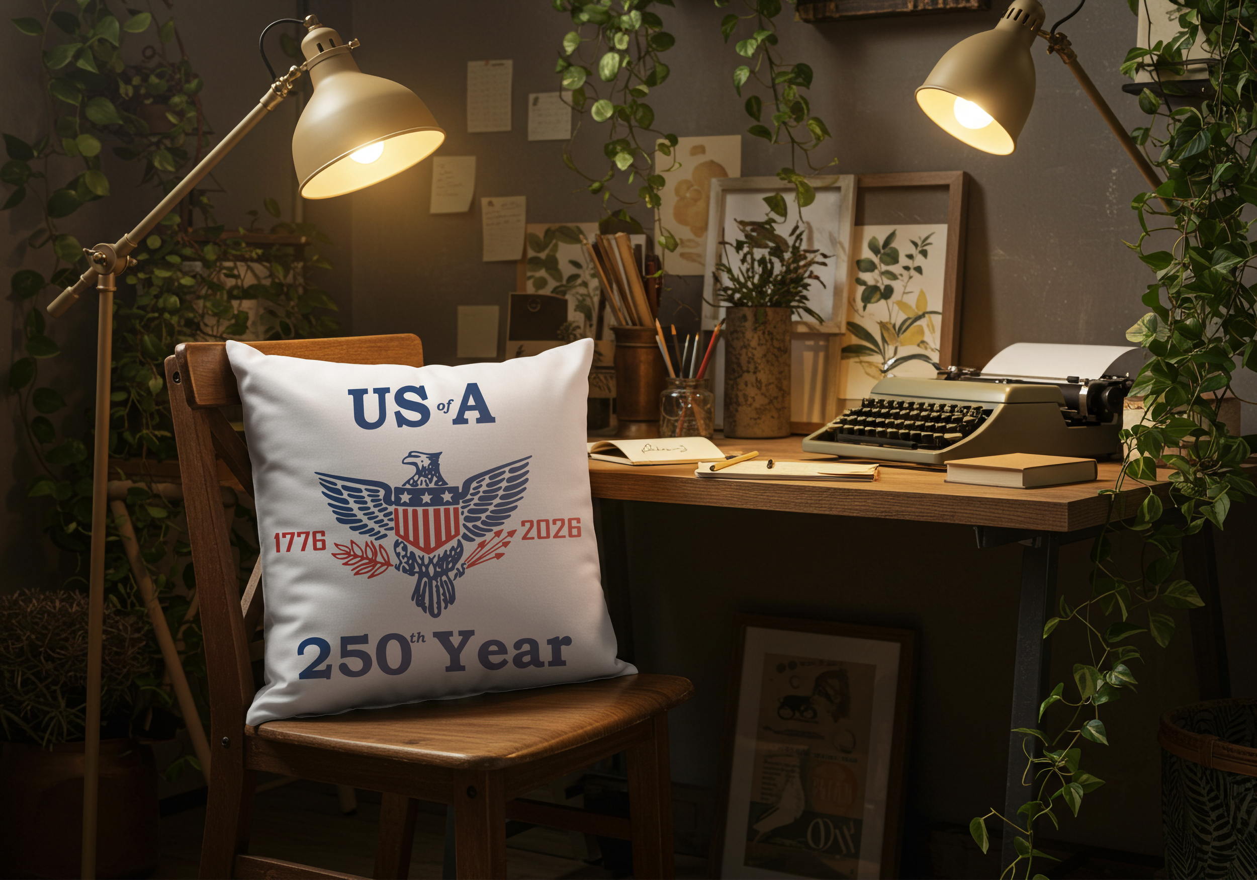 The USA 250th year pillow is shown sitting on a chair in front of a desk