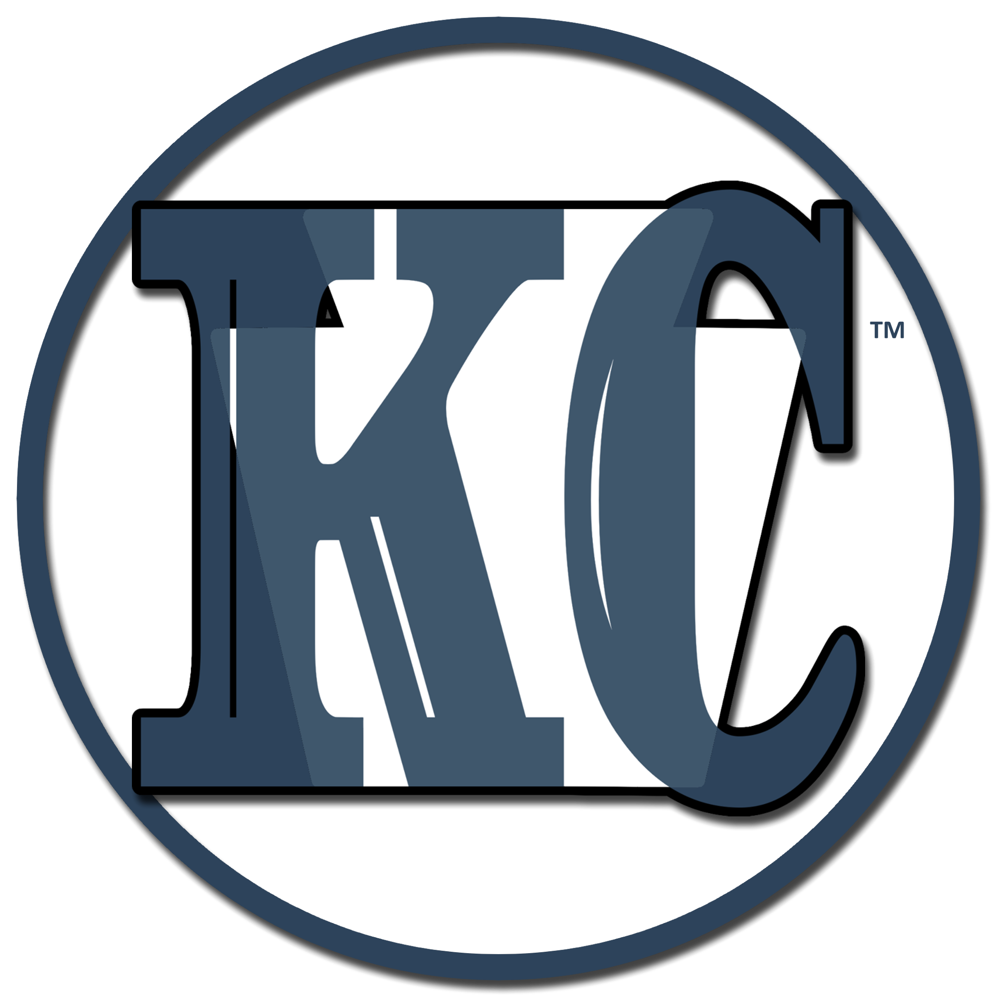 KC logo standing for Keystone Carving with large navy blue letters 'K' and 'C' overlapping a white background, encircled by a navy blue border.