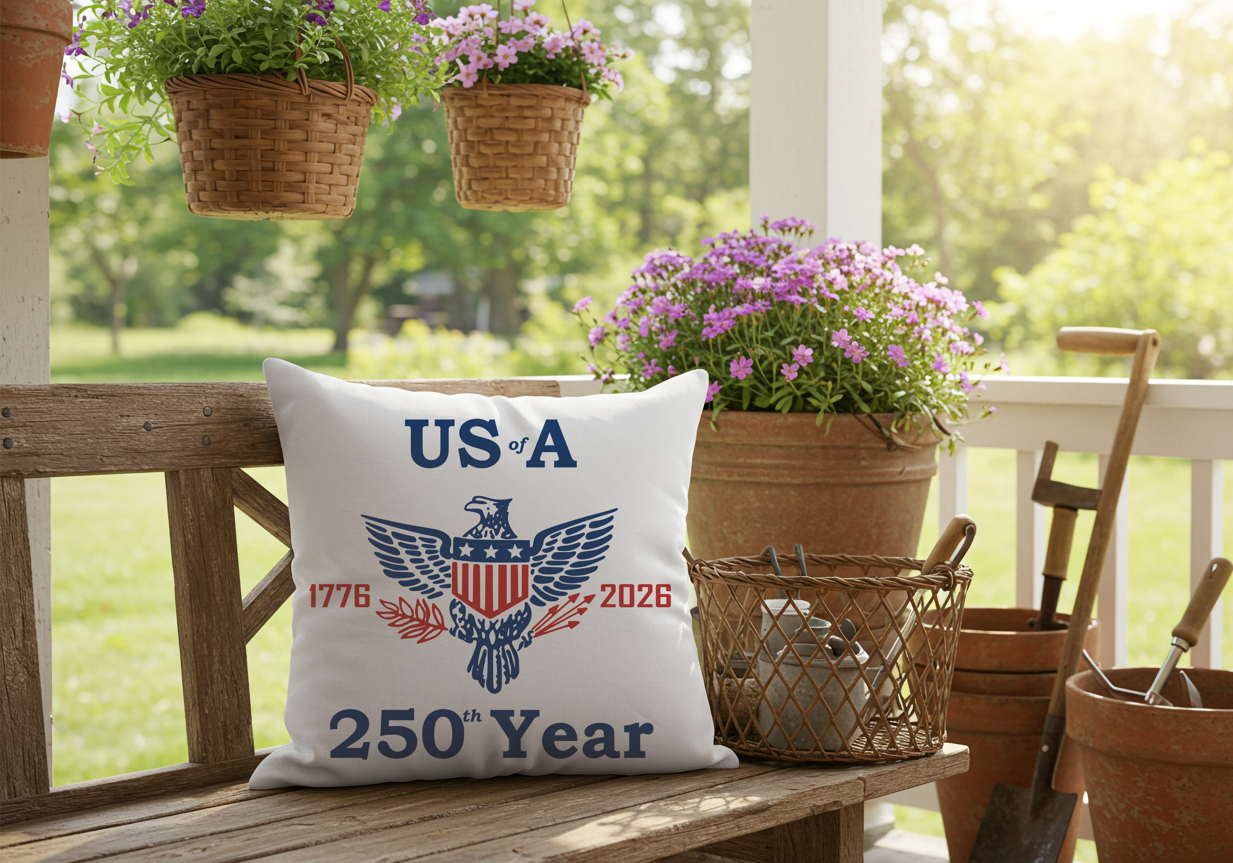 USA 250th Year Semiquincentennial outdoor pillow sitting on a wooden bench