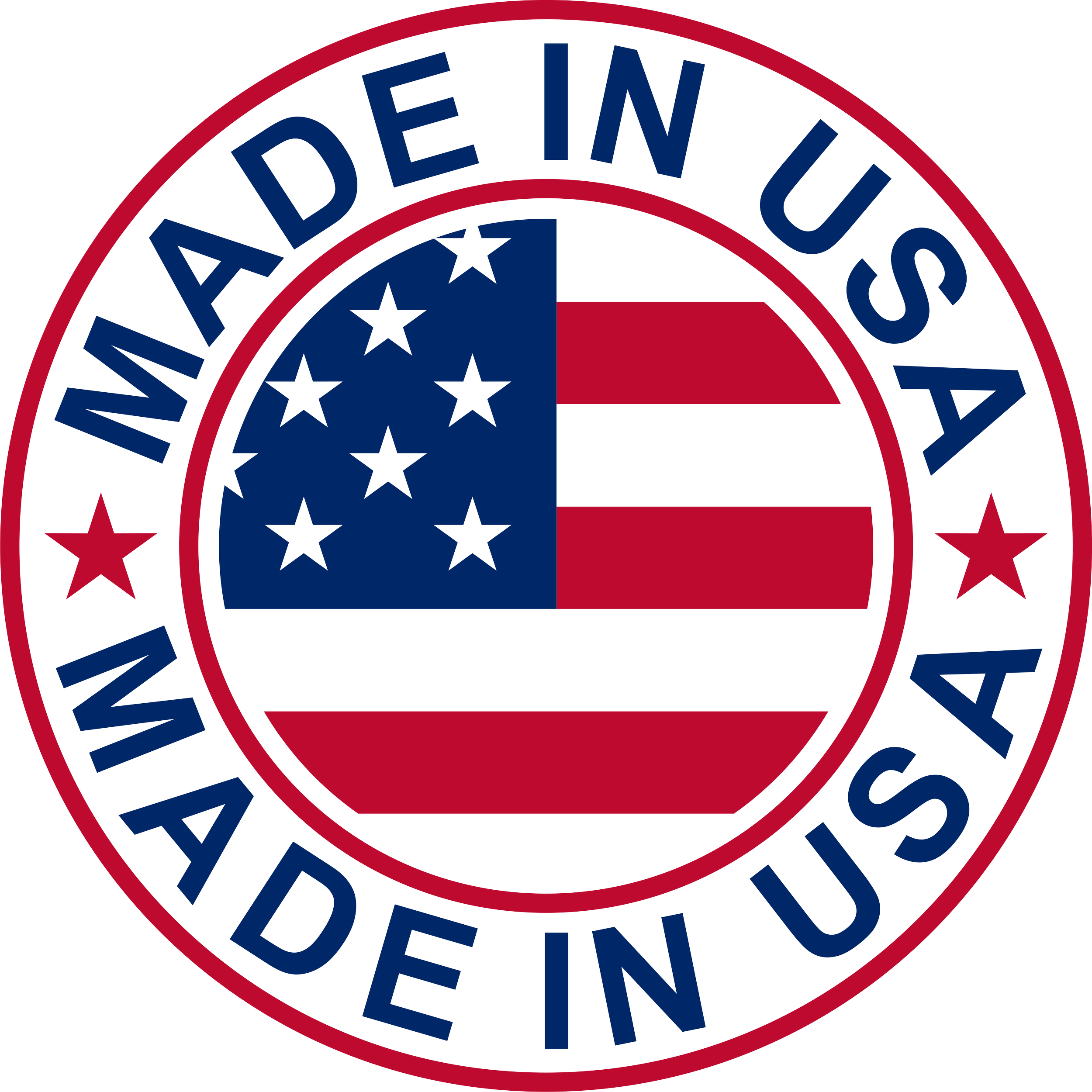 Circular logo with the text 'Made in USA' repeated twice around the edges in blue, enclosing a stylized American flag with blue canton featuring stars on the left, and red and black horizontal stripes showing Keystone Carving made in USA
