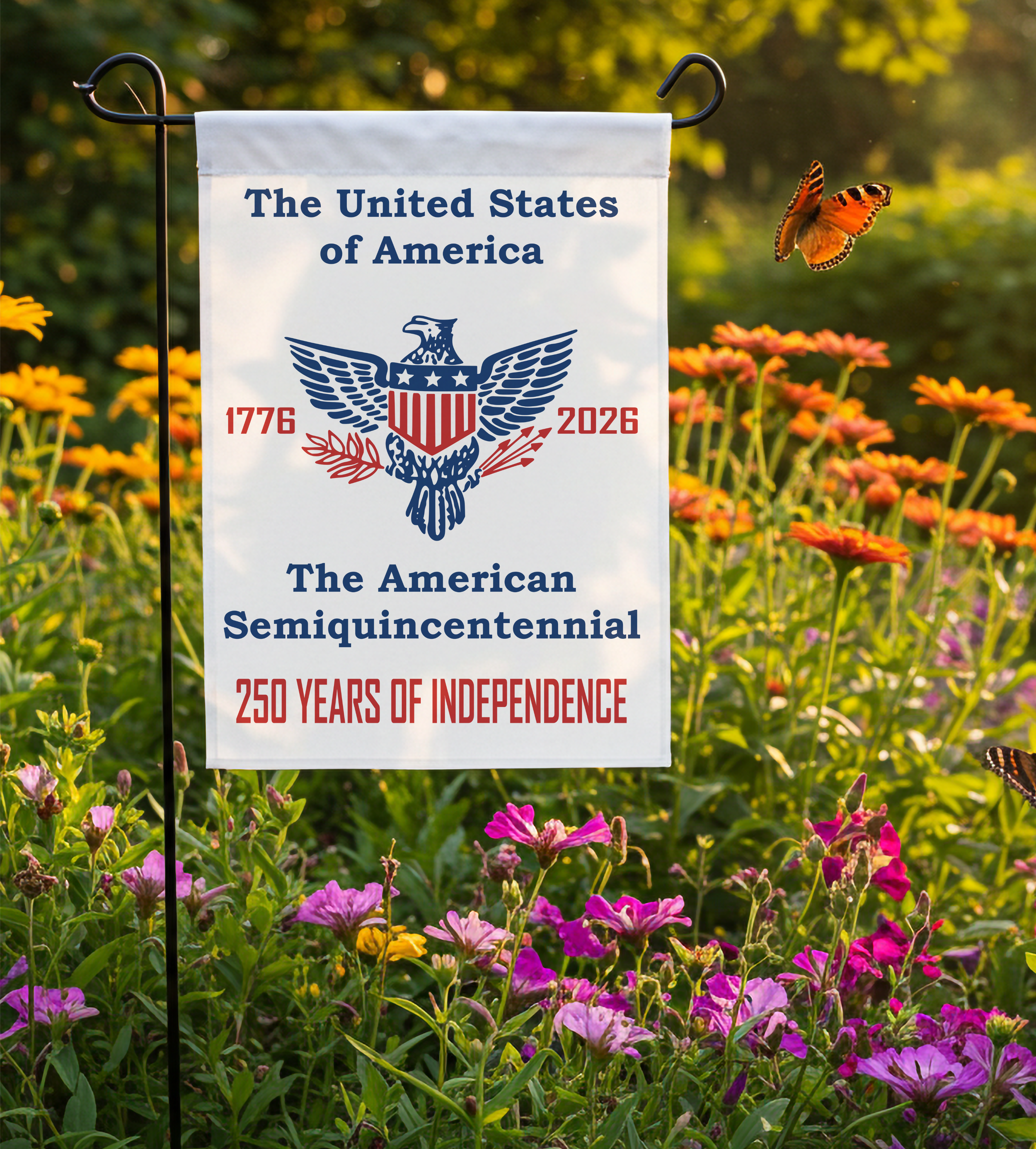 Americas 250th  Anniversary Garden Flag situated among colorful flowers