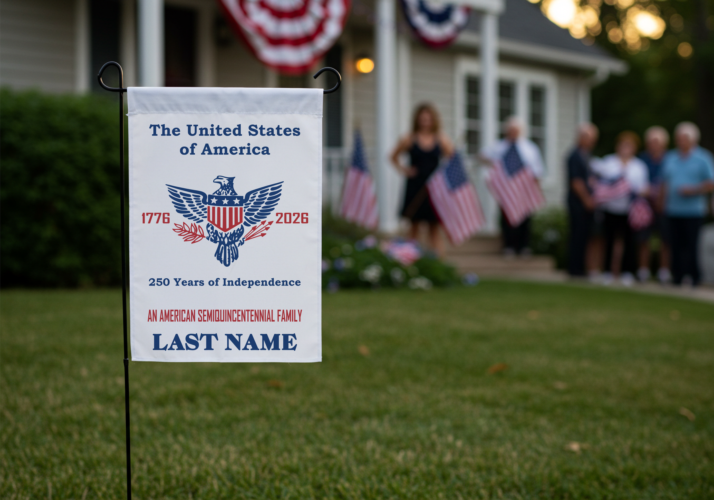 An America 250th yard sign displayed in a front yard during a 4th of July party