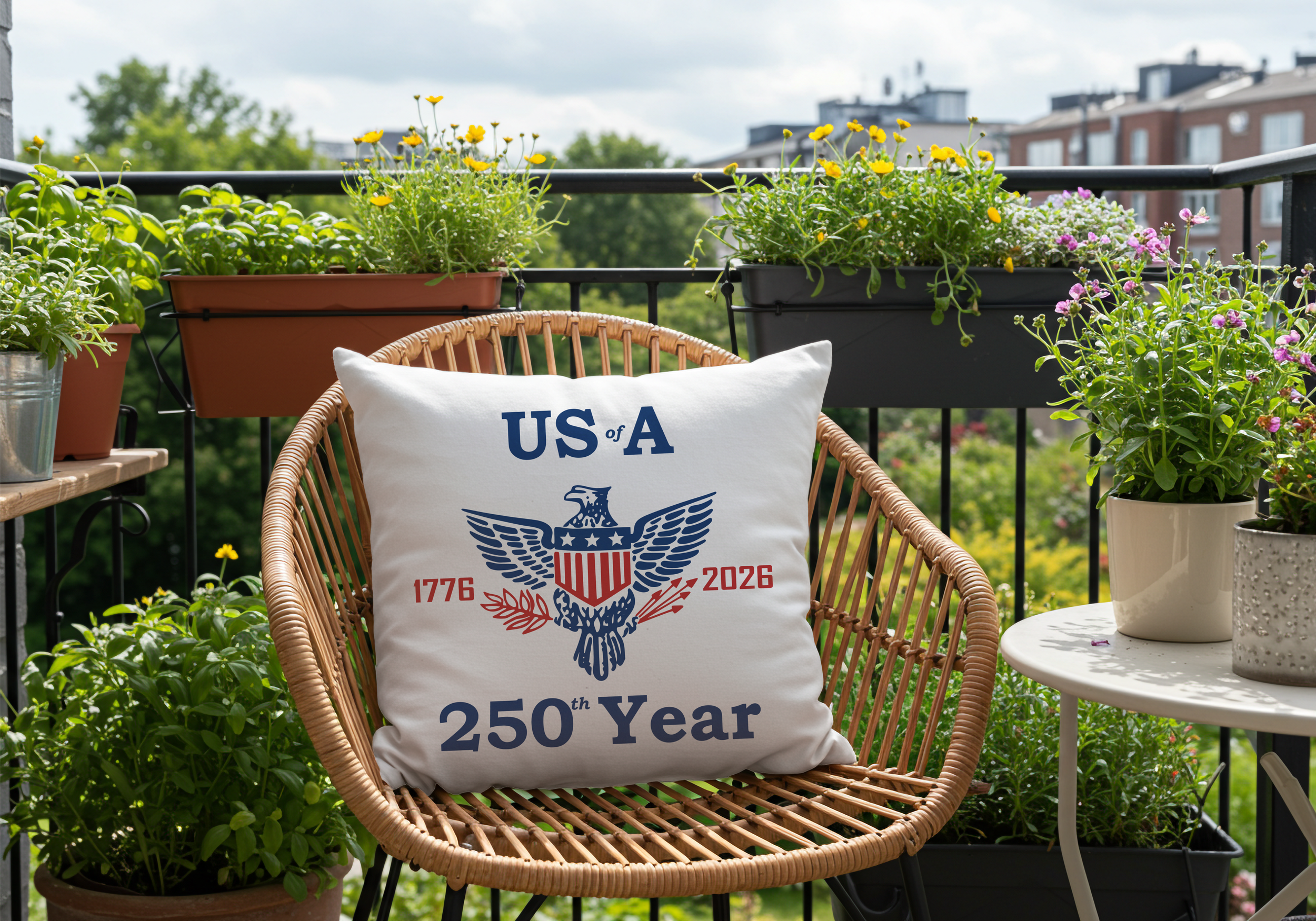 USA 250th Year outdoor pillow sitting on a wicker chair