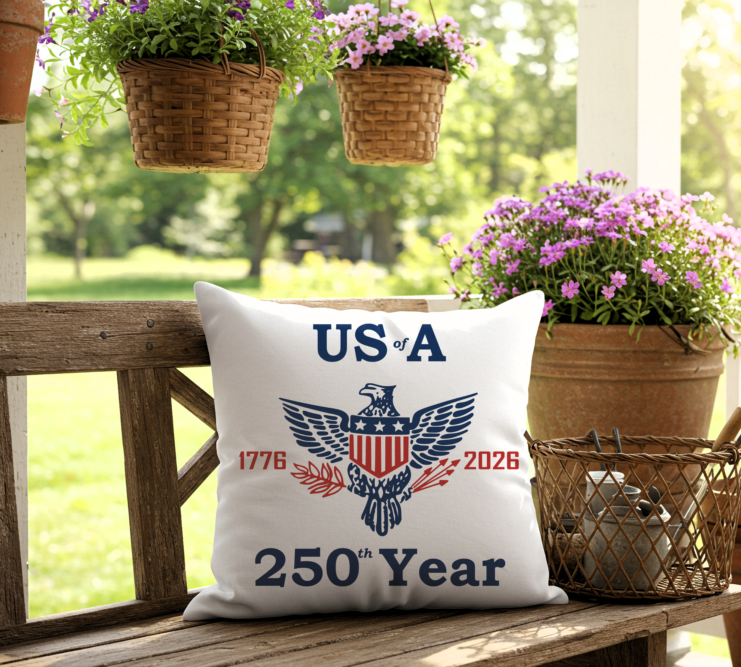 Showing a square white exterior pillow with a retro American eagle and red and blue text reading US of A 1776 2026 250th Year.