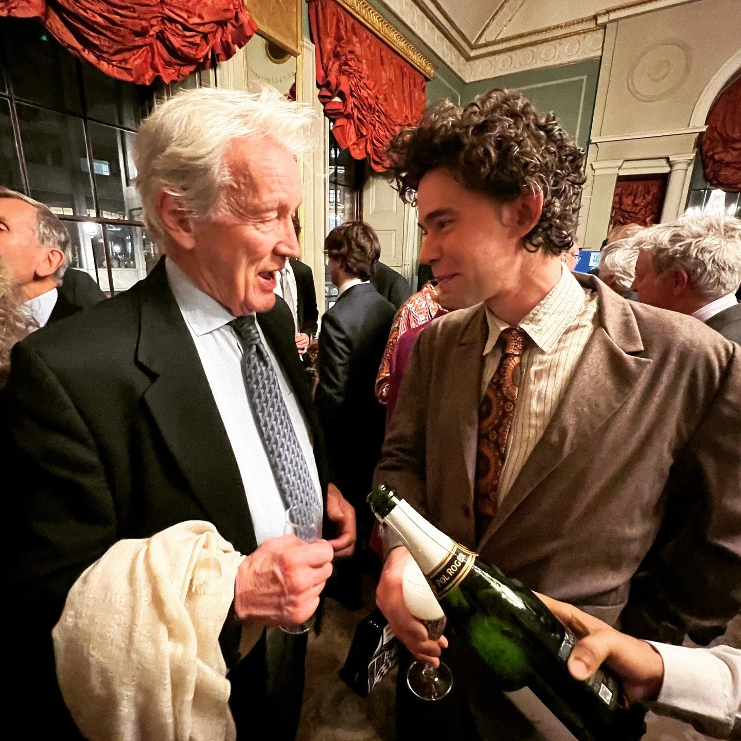 One of the happier pleasures of old age: introducing Colin Thubron to Adam Weymouth, annual Duff Cooper party afloat with delicious Pol Roger @adamweymouthwriter @duffcooperprize @pol_roger 

#elandbooks #colinthubron #adamweymouthlonewolf #duffcoope
