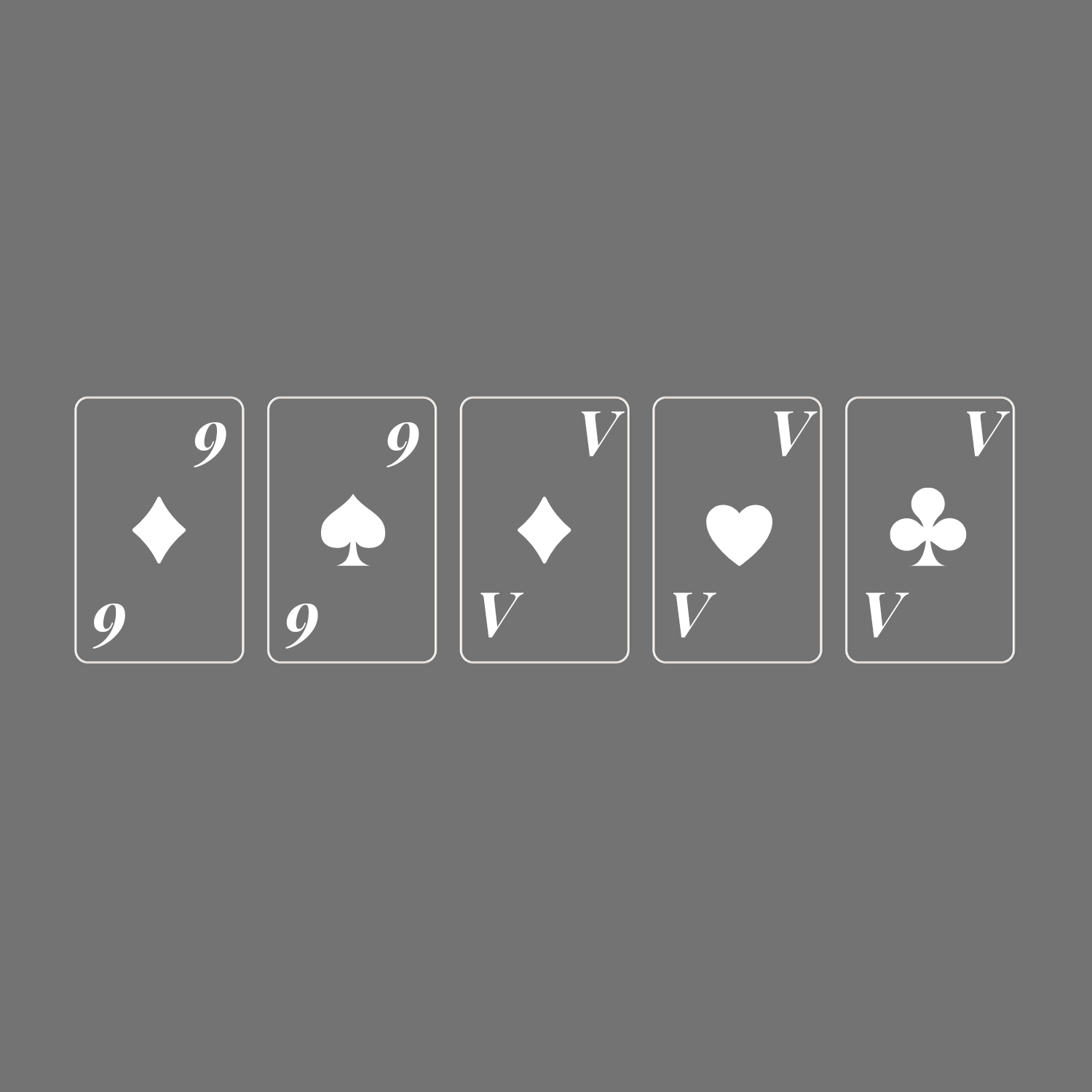 Quinte flush royale avec neuf et valet de carreau, neuf de pique, valet de cœur, et valet de trèfle sur fond gris.