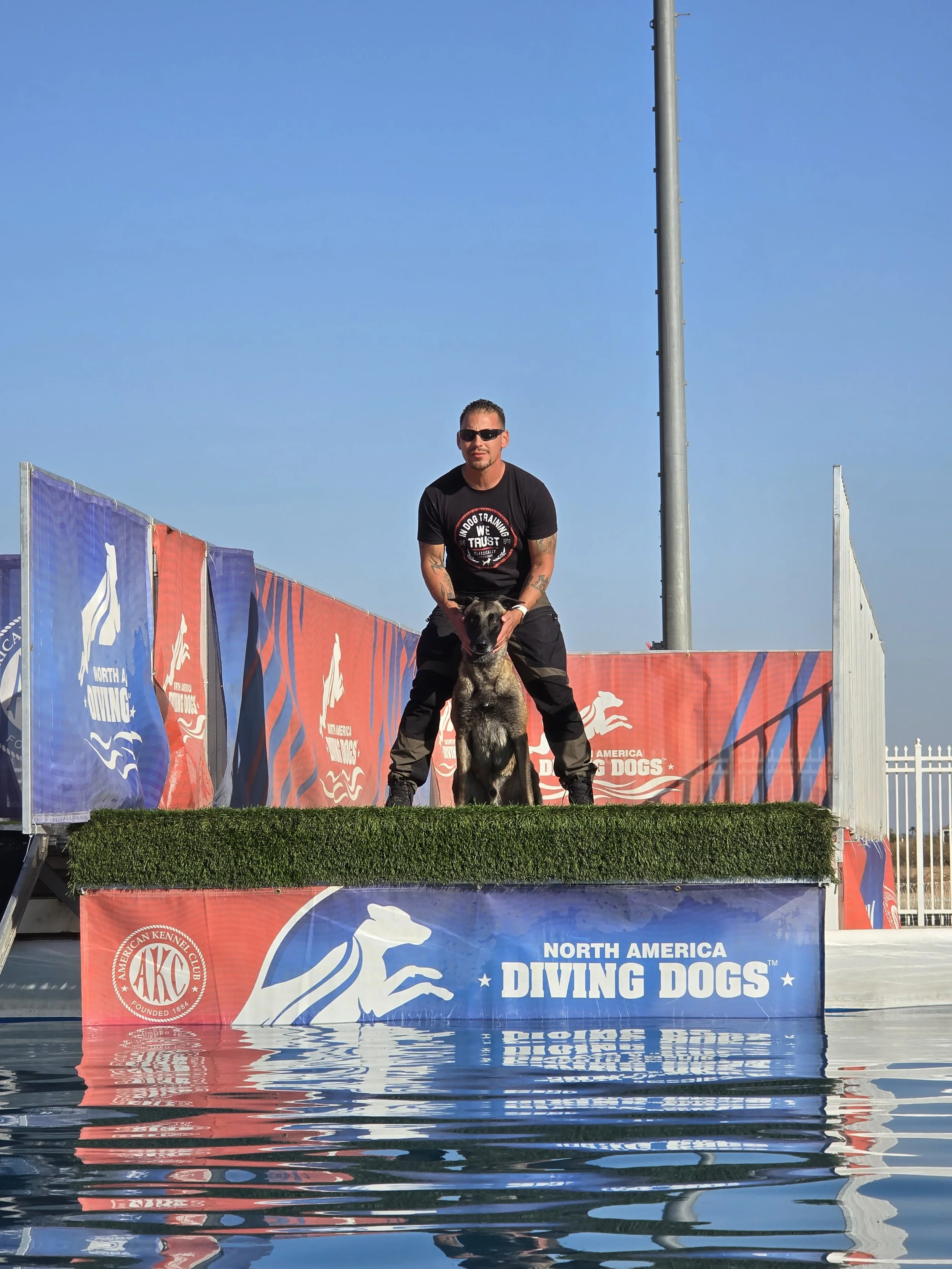 Handler and Belgian Malinois poised on the turf competition platform at an official North American Diving Dogs (NADD) dock diving event.