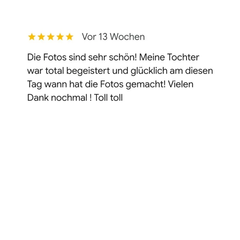 Bewertung mit fünf Sternen und einem Kommentar, dass die Fotos wunderschön sind und die Tochter des Bewertenden sehr begeistert war, mit Dank und Lob.