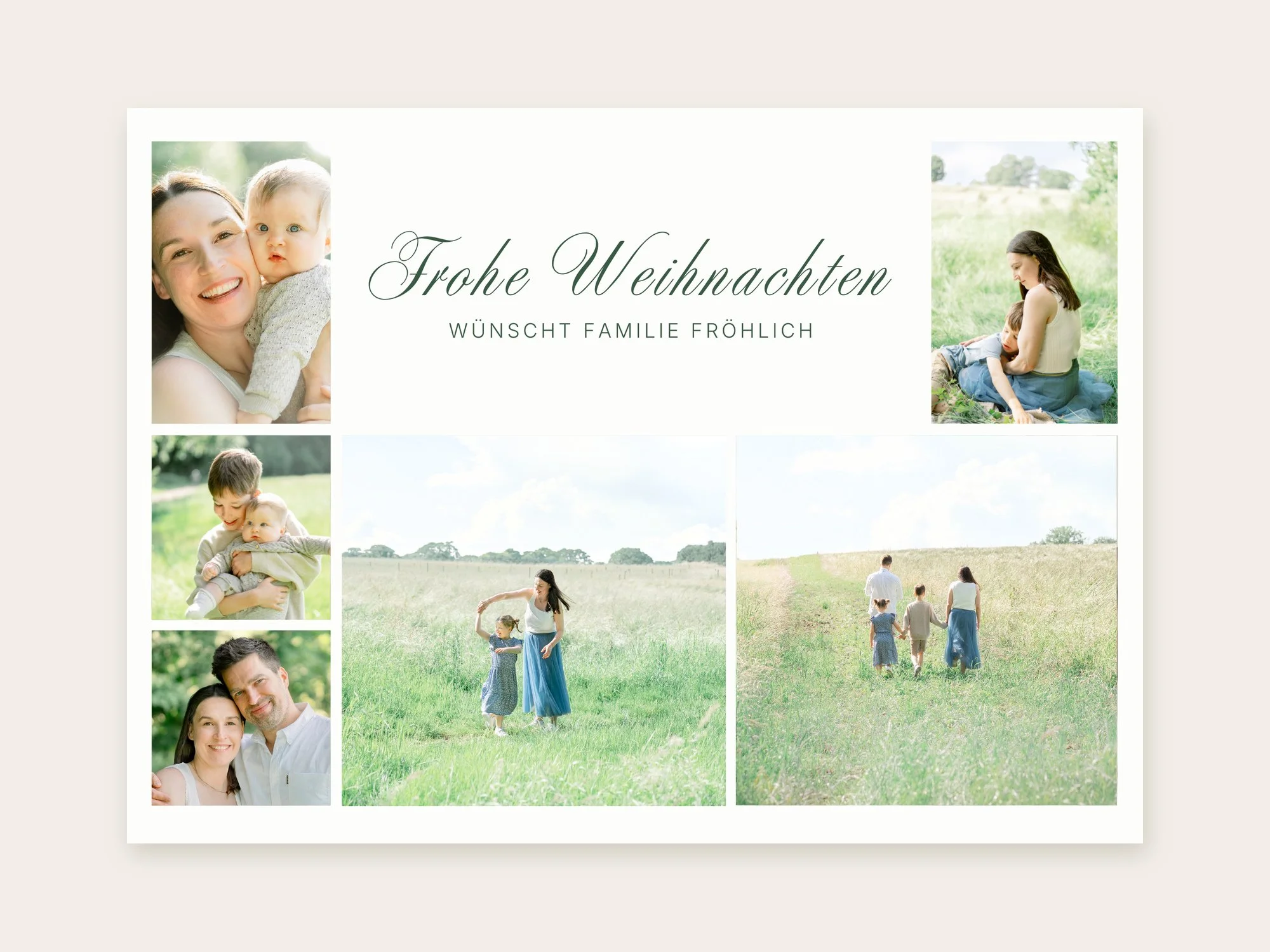 Weihnachtskarte „Jahresmomente“ – Vorderseite als Fotocollage mit dem Gruß „Frohe Weihnachten“.