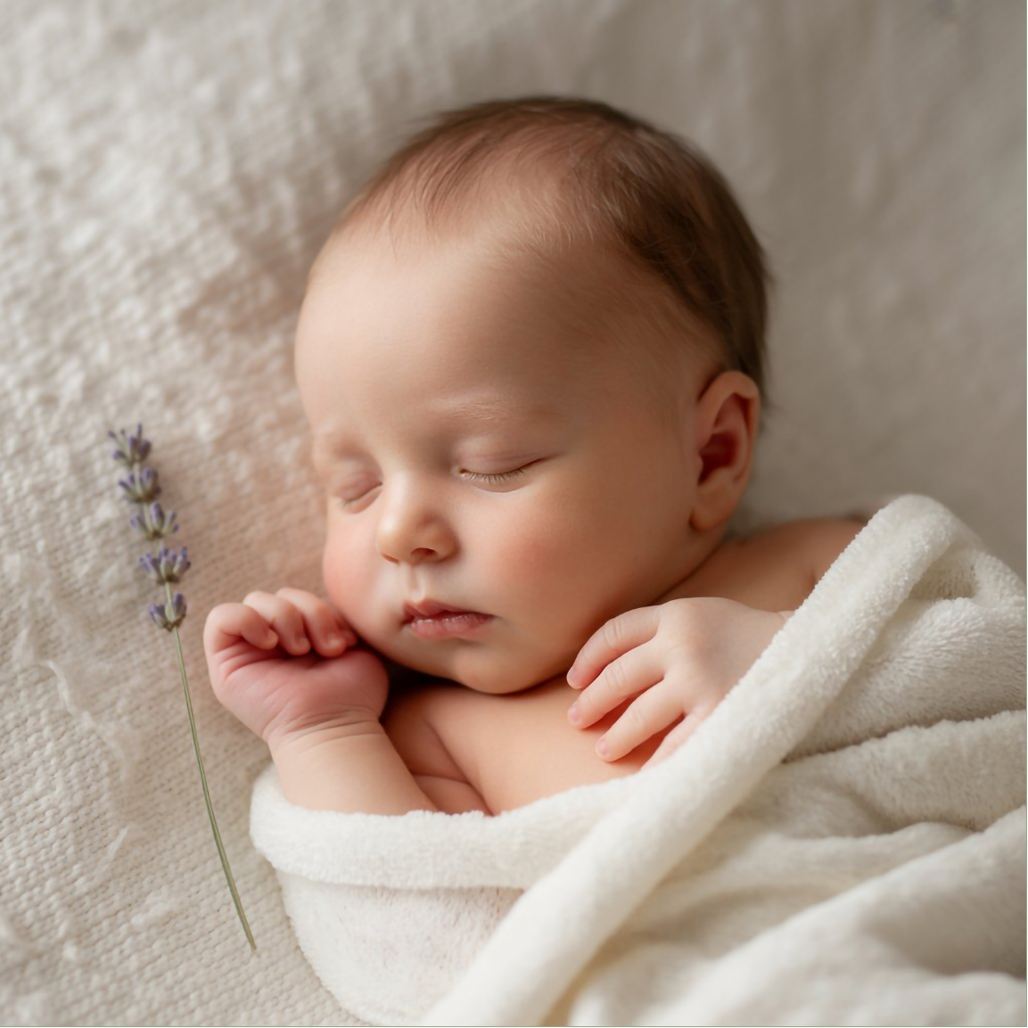 Ein schlafendes Baby, das in einem weißen Handtuch eingewickelt ist, liegt auf einem Hautfarbenen Stoff und hat einen kleinen Lavendelzweig neben sich.