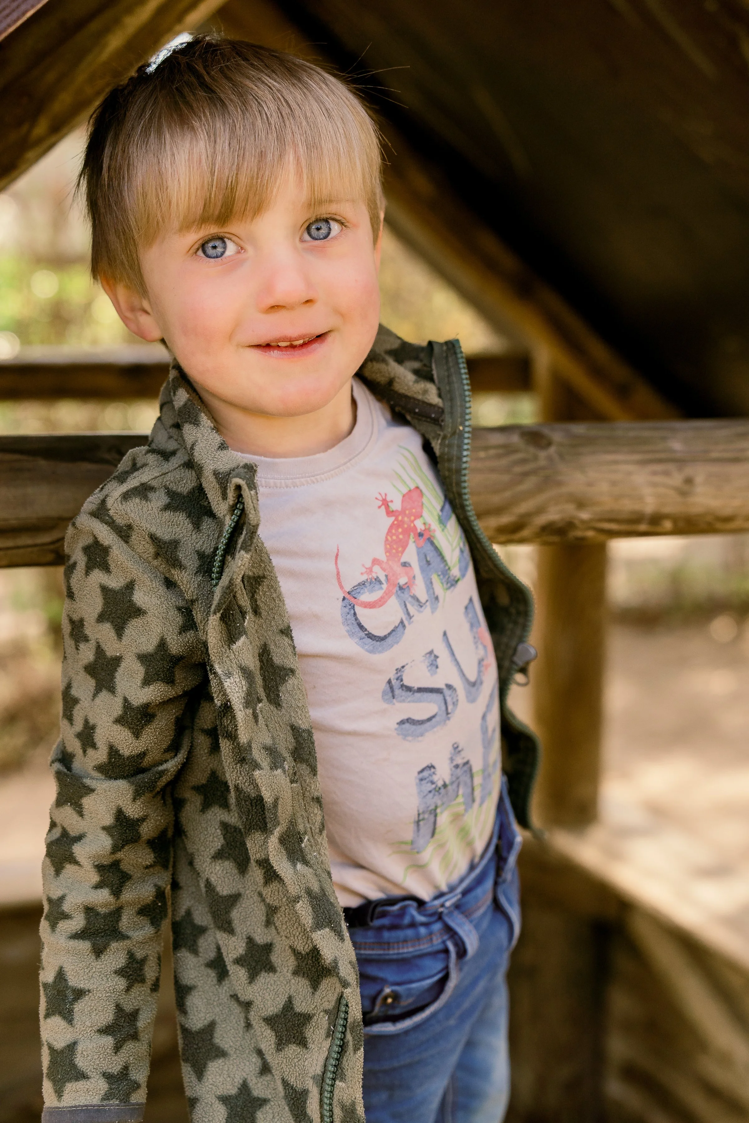Junge mit blauer Augen und braunem Haar in Casual-Outfit, steht in einem Holzspielhaus im Freien.