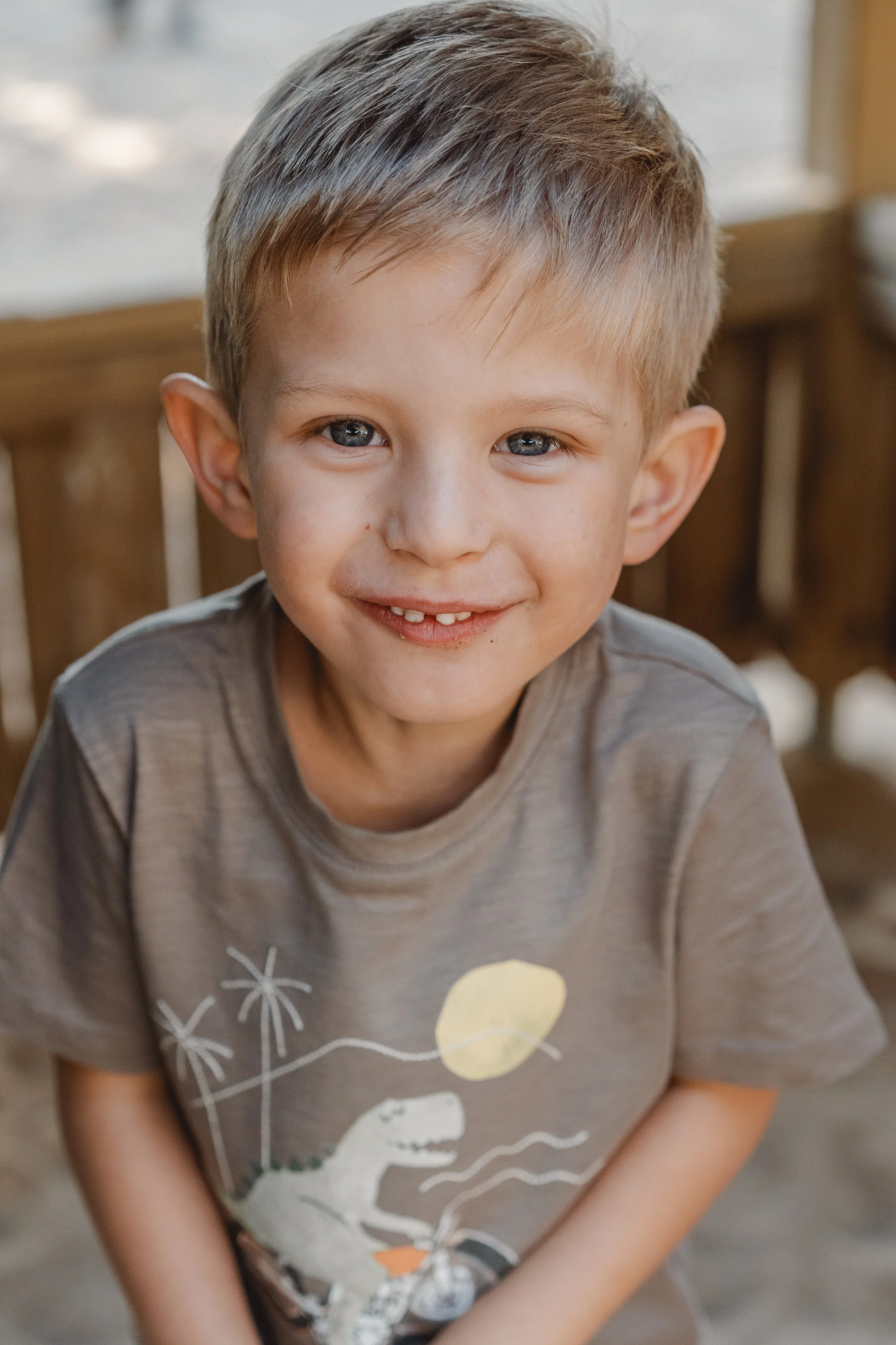 Ein lächelnder Junge mit blonden Haaren und blauen Augen, trägt ein graues T-Shirt mit Tiermotiven, sitzt vor einem holzgedeckten Hintergrund.