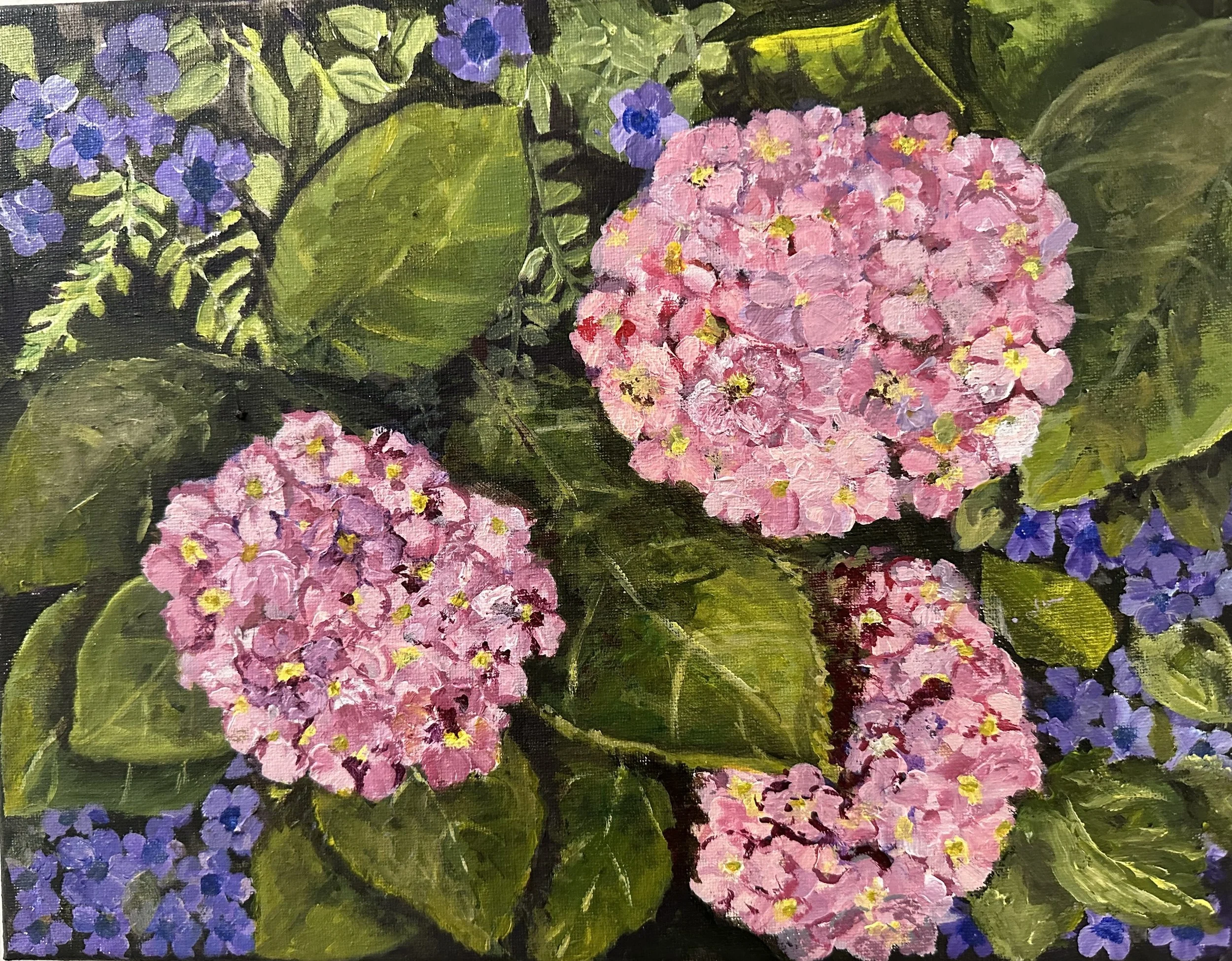 Painting of pink and purple hydrangea flowers with green leaves.
