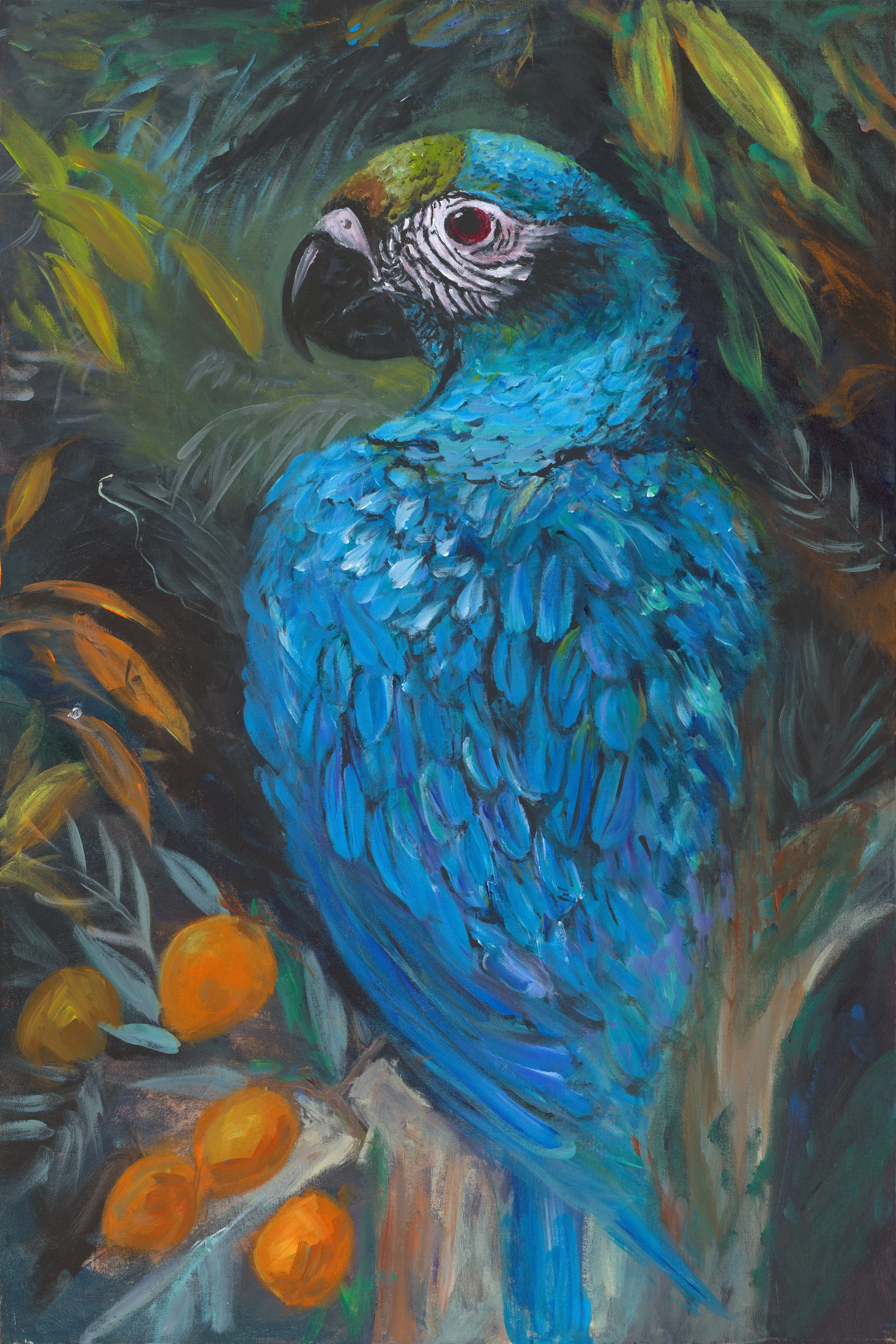 A vibrant painting of a blue and green macaw perched among orange fruits and green foliage.