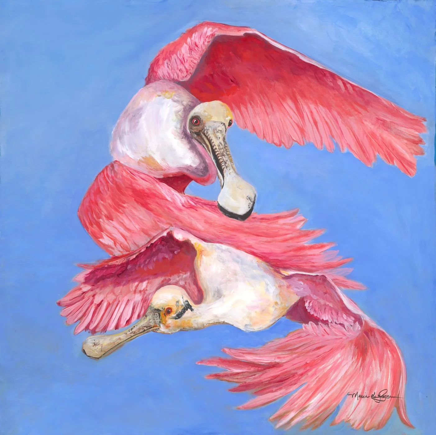 Painting of two pink flamingos intertwined against a blue background.
